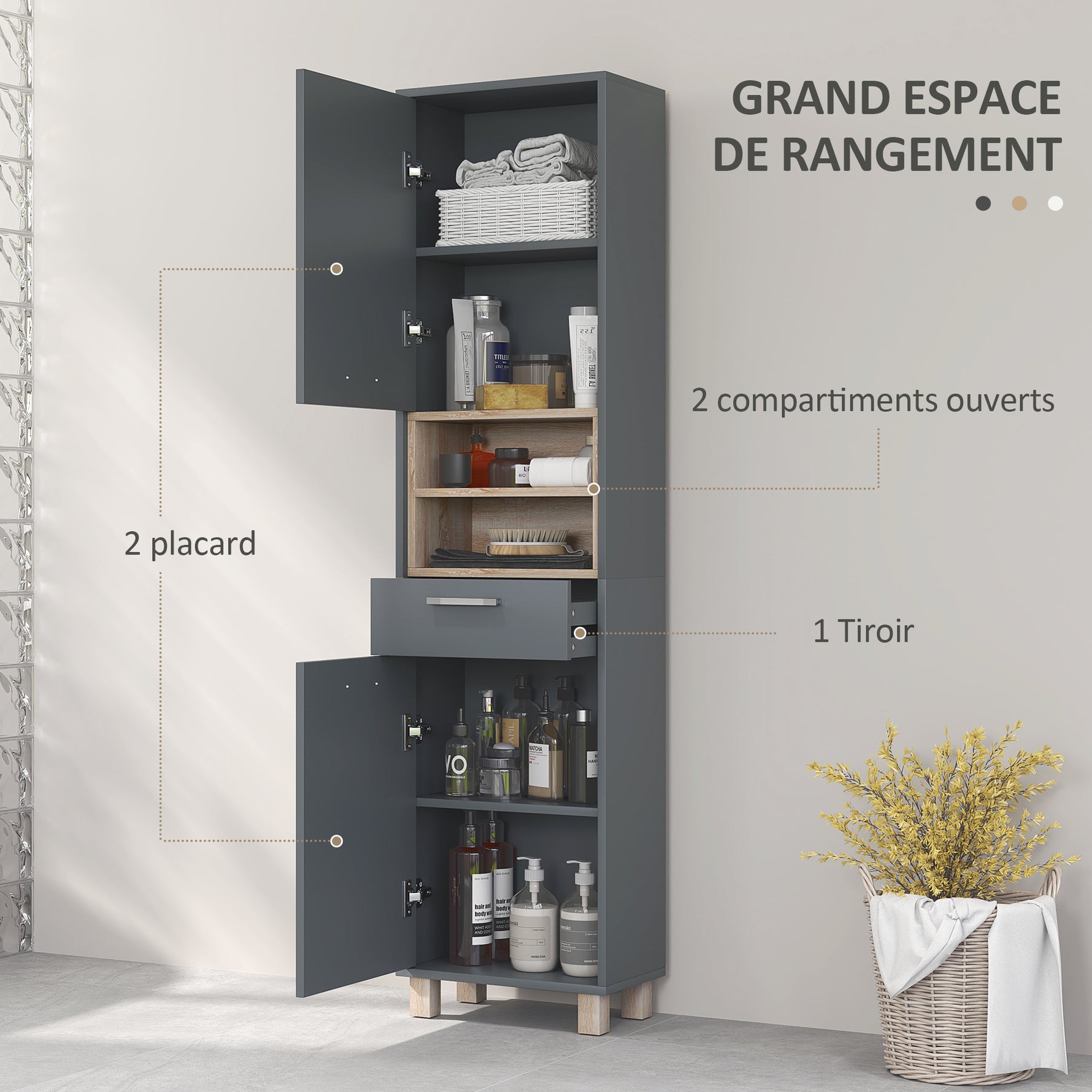 Colonne salle de bain, meuble salle de bain rangement avec 2 placards, tiroir et 2 compartiments ouverts, gris