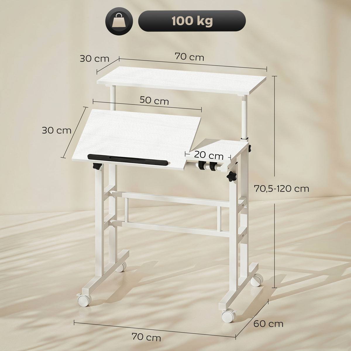 Bureau Assis-Debout, Bureau Réglable en Hauteur 70 x 60 cm, à Roulettes avec Plateau Inclinable, 70x60x70,5-120cm, Blanc