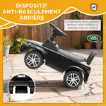 Porteur enfants voiture sous licence Land Rover, véhicule à pousser, klaxon, sons de moteur, rangement sous siège, noir
