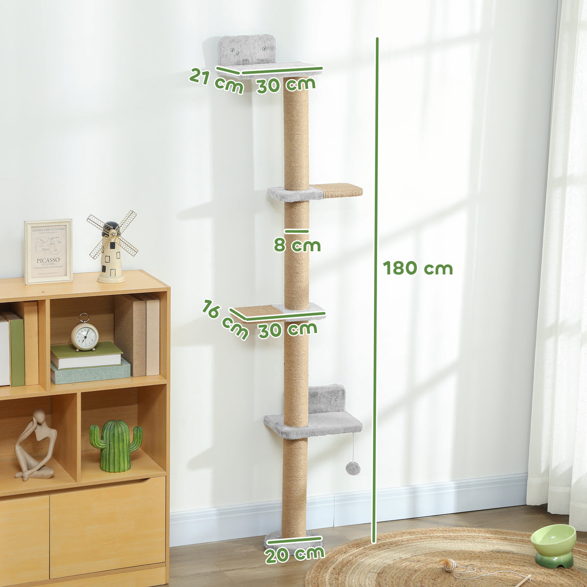 Étagères Murales pour Chat 180 cm, 4 Plateformes d'Escalade, Poteau à Griffer en Jute et Jouet Suspendu, Gris Clair