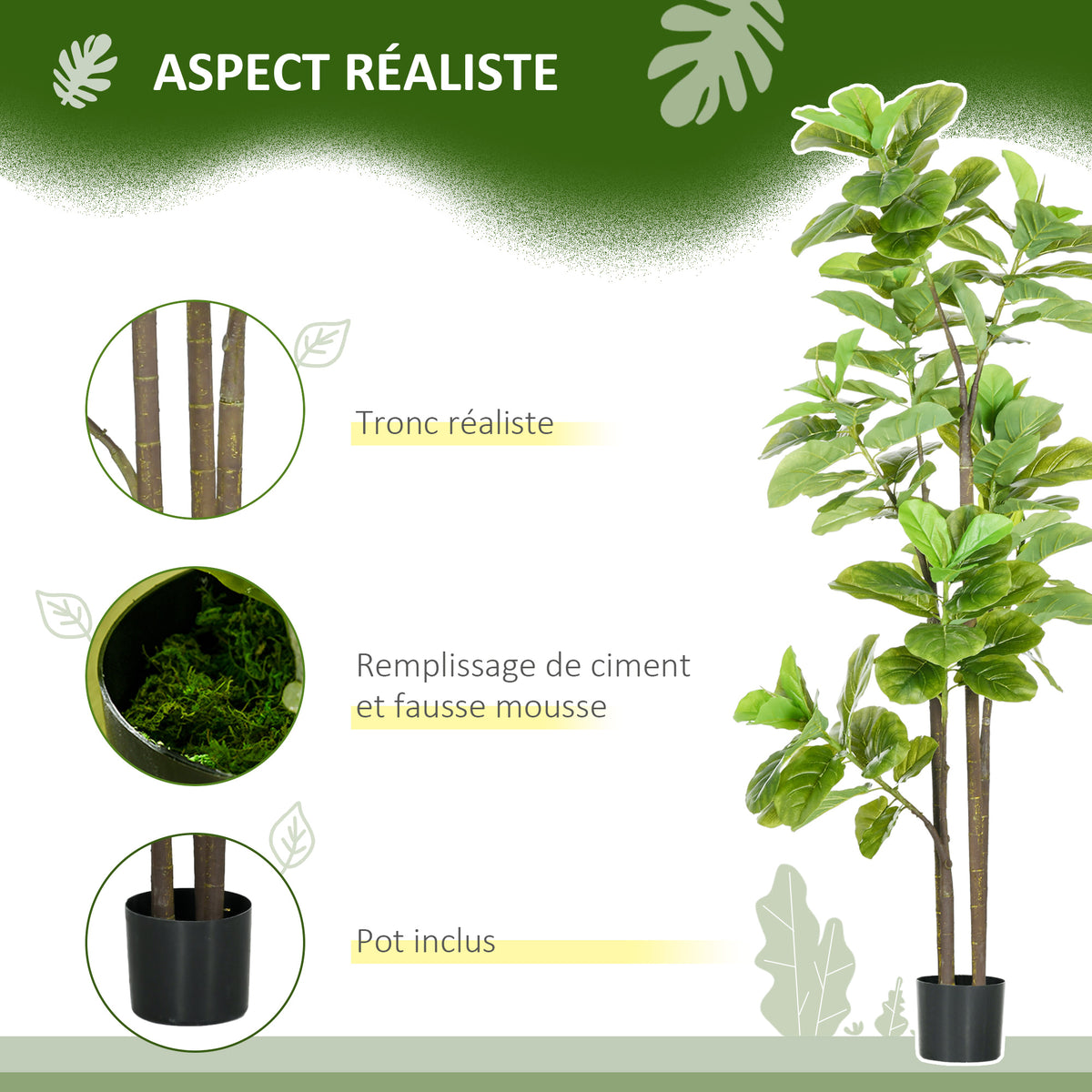 Lot de 2 plantes artificielles Figuier à feuilles de violon Ficus Lyrata hauteur 180cm avec Pot