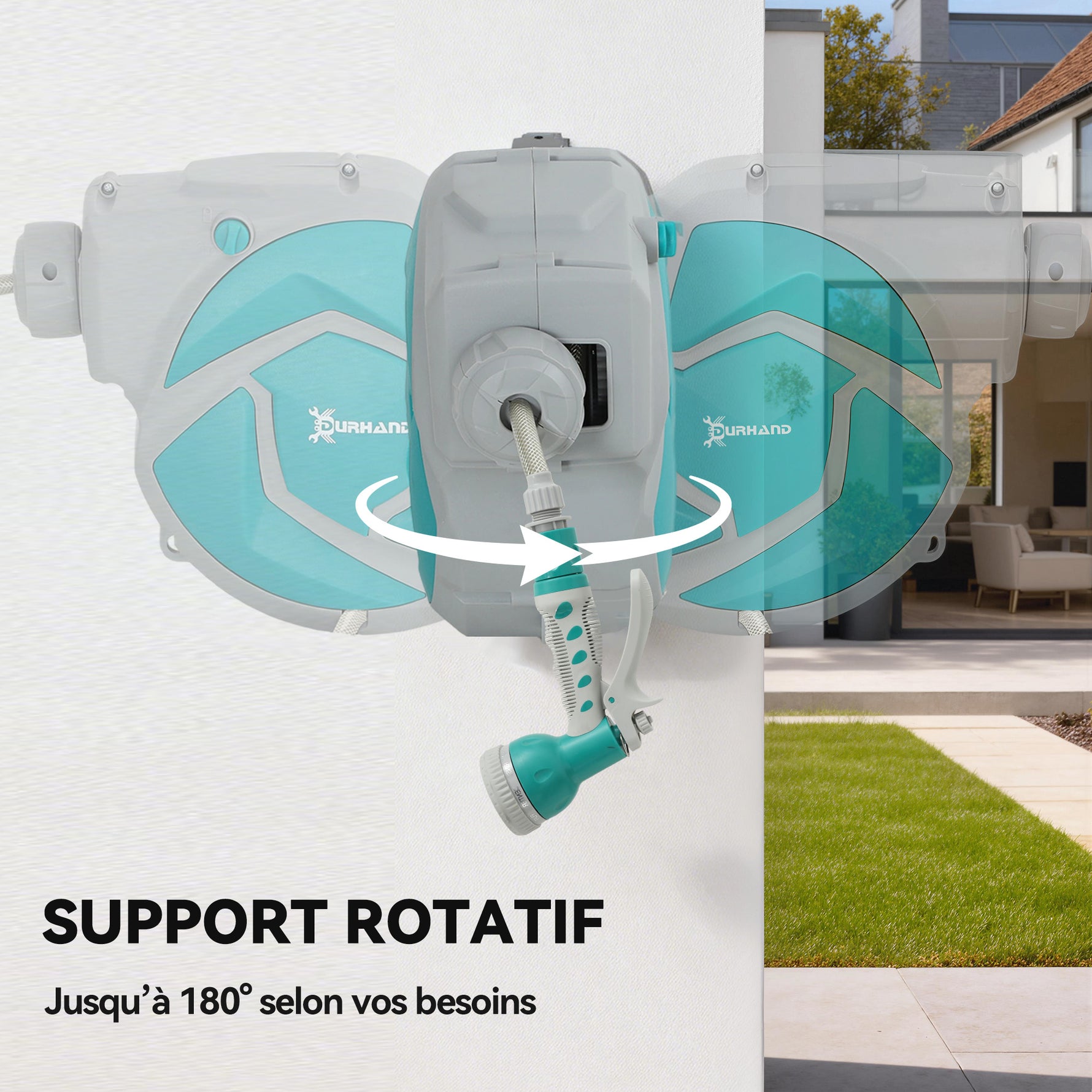 Enrouleur Tuyau Arrosage Mural Automatique 10 + 1 m, Pivotant 180°, Buse à 7 Modes, pour Jardin, 28x14x34cm, Vert