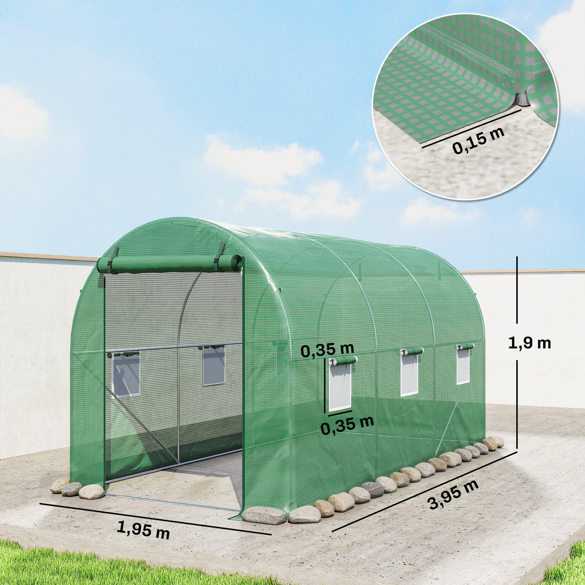 Serre de Jardin Tunnel 8 m² 4L x 2l x 1,9H m Acier galvanisé renforcé diamètre 2,4 cm + PE fenêtres Porte Vert