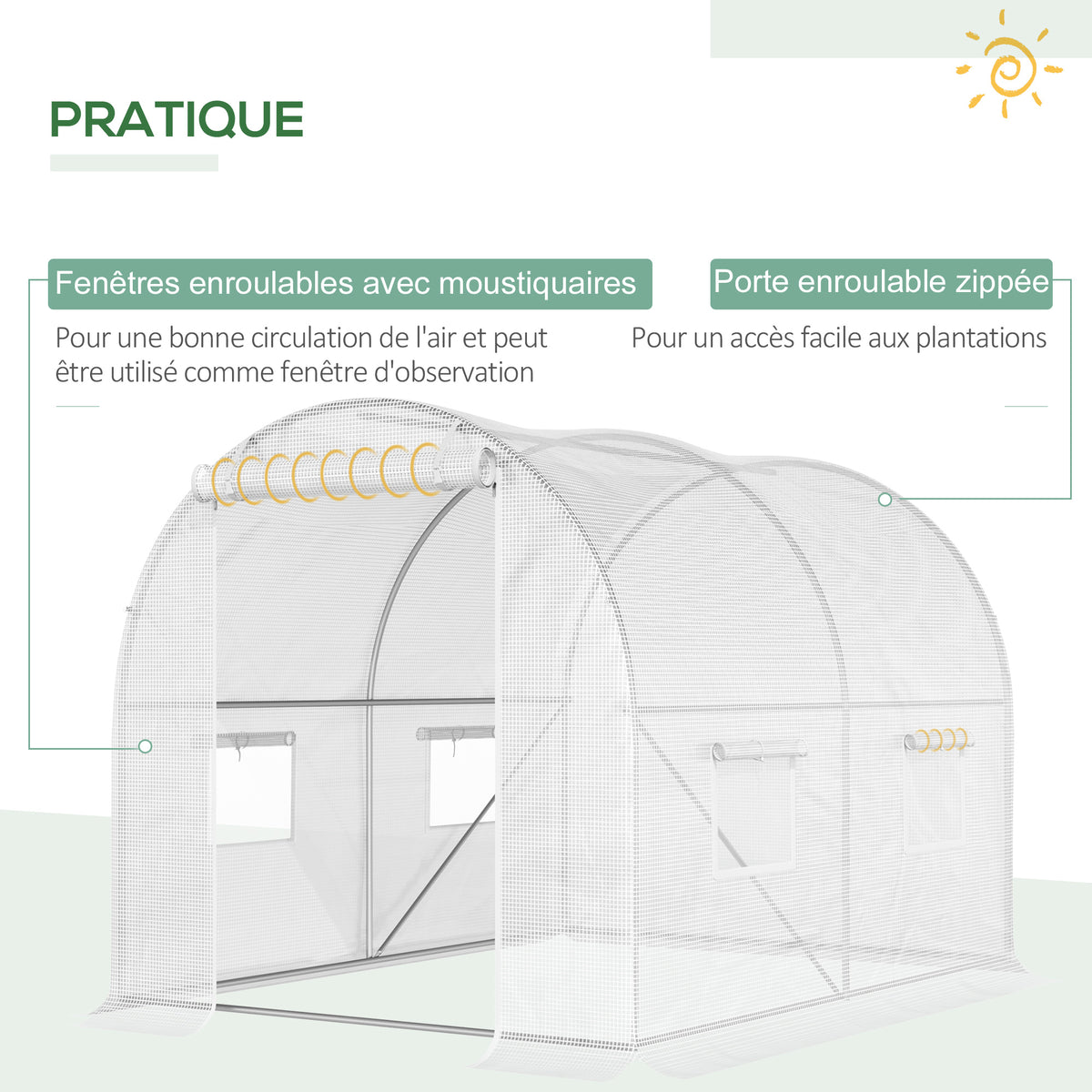 Serra da giardino a tunnel 6 m² 3L x 2P x 1,9A m Acciaio galvanizzato rinforzato diametro 2,4 cm + PE alta densità finestre Porta Bianco