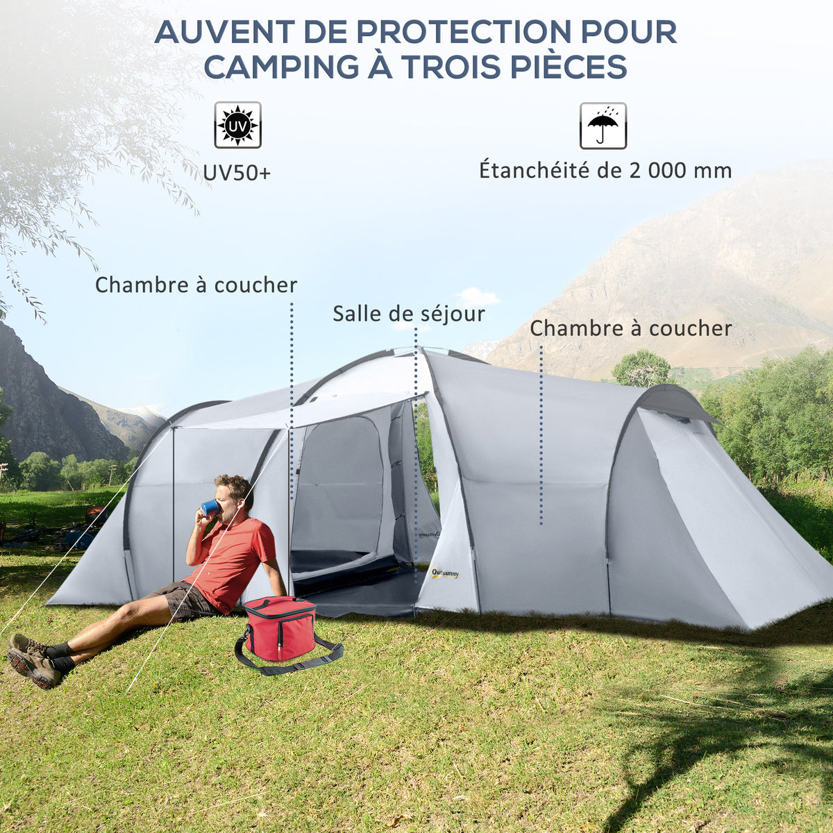 Tente de camping familiale 4 personnes dôme 2 chambres 1 séjour et 1 auvent anti-UV Imperméable 2000 mm multicolore