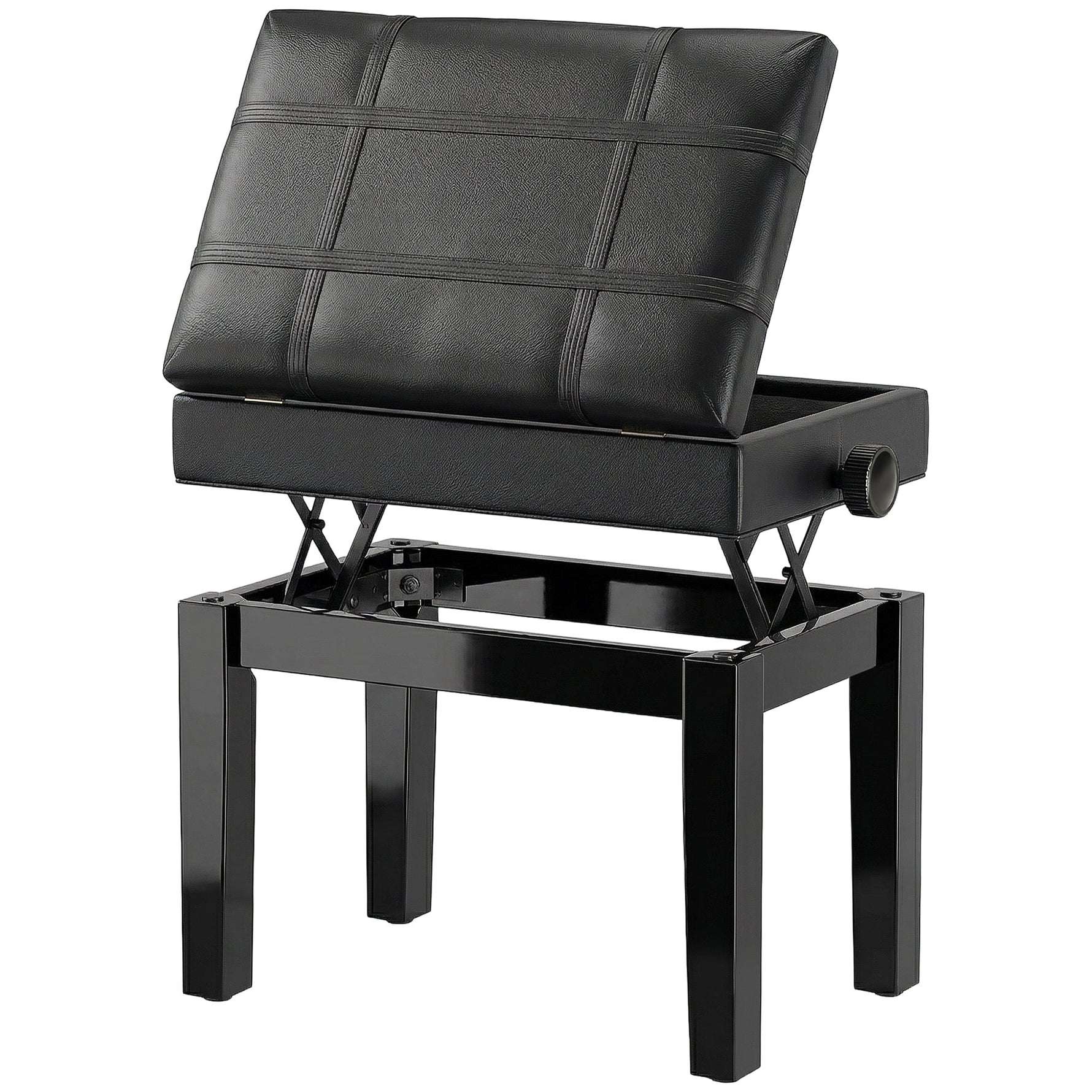 Banquette tabouret siège pour piano coffre intégré hauteur réglable bois hévéa assise revêtement synthétique noir