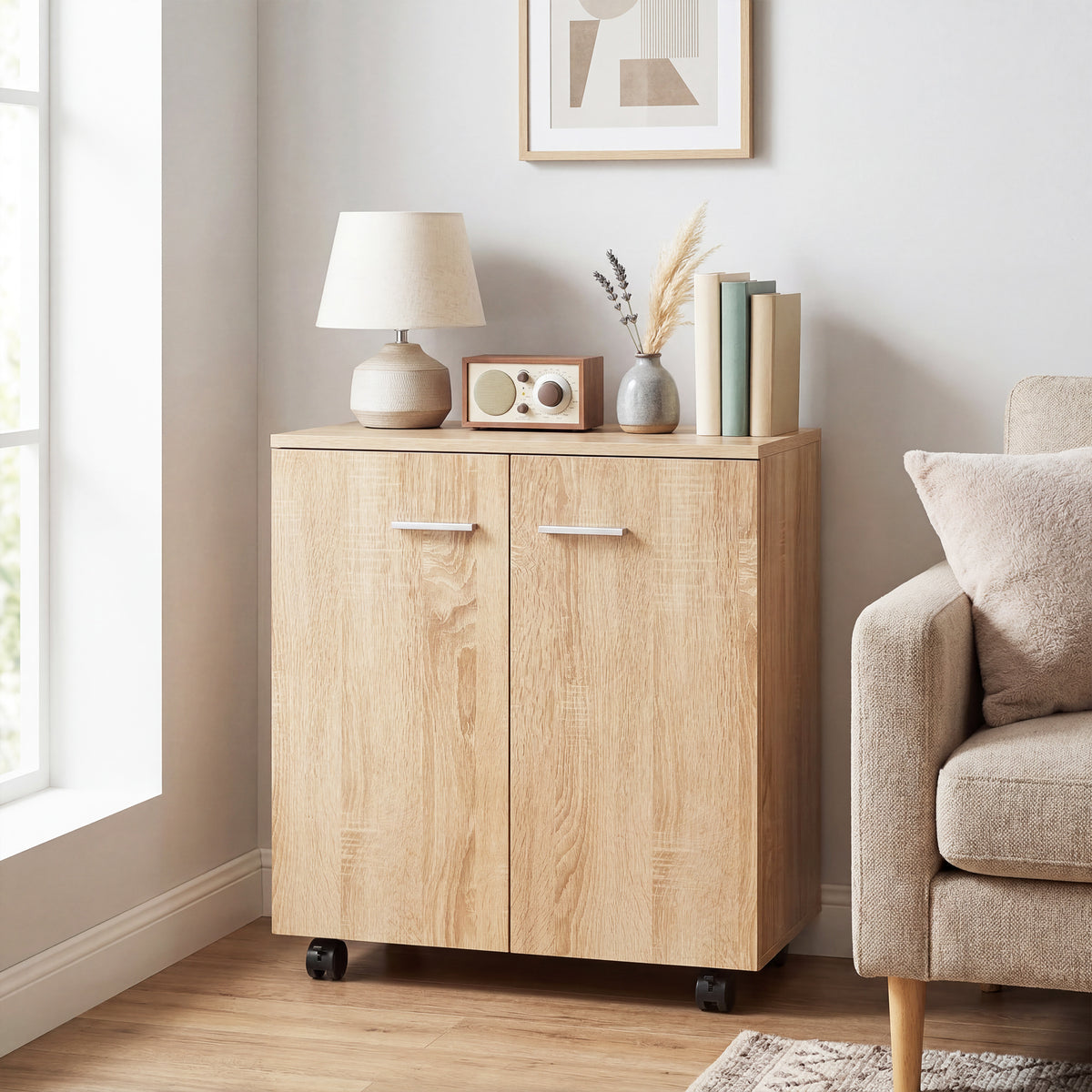 Meuble de Rangement Buffet bas sur roulettes avec 2 Portes étagère Interne 60 x 35 x 65 cm bois naturel