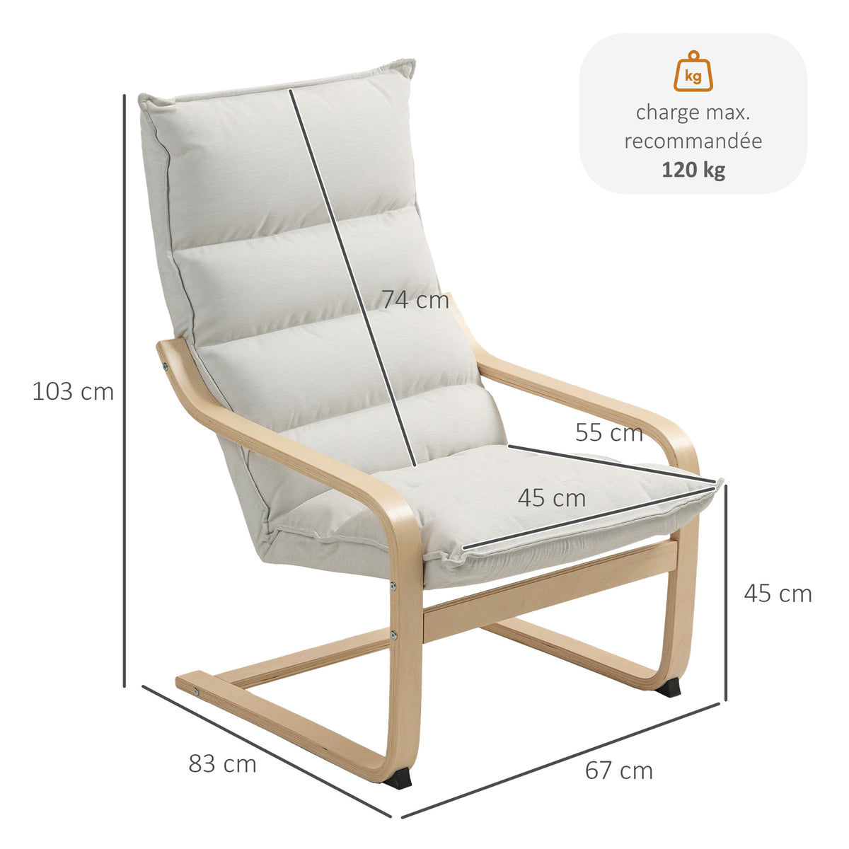 Fauteuil salon fauteuil de loisirs moderne fauteuil chambre avec accoudoirs incurvés, coussins, 67 x 83 x 105 cm, crème