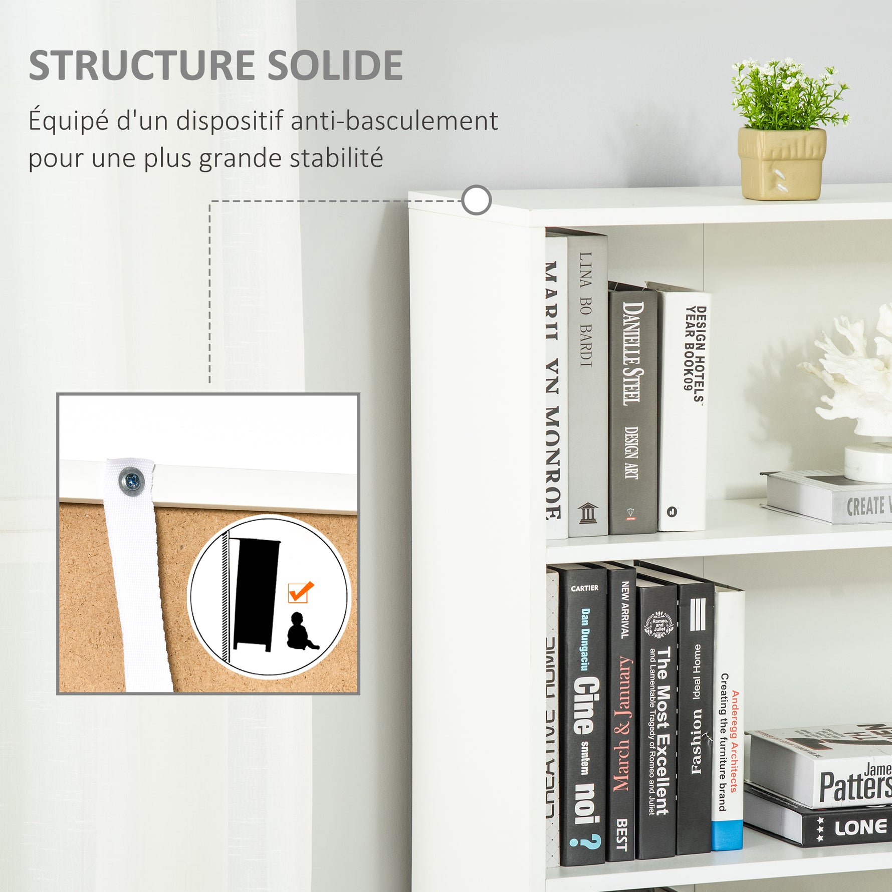 Bibliothèque Armoire à livres avec 4 compartiments ouverts et 2 portes pour le salon et le bureau 59x29x180 cm Blanc