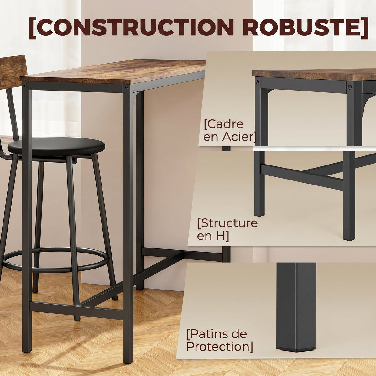 Set tavolo da bar con 2 sgabelli, tavolo alto da cucina e 2 sedie da bar imbottite in PU, poggiapiedi, marrone