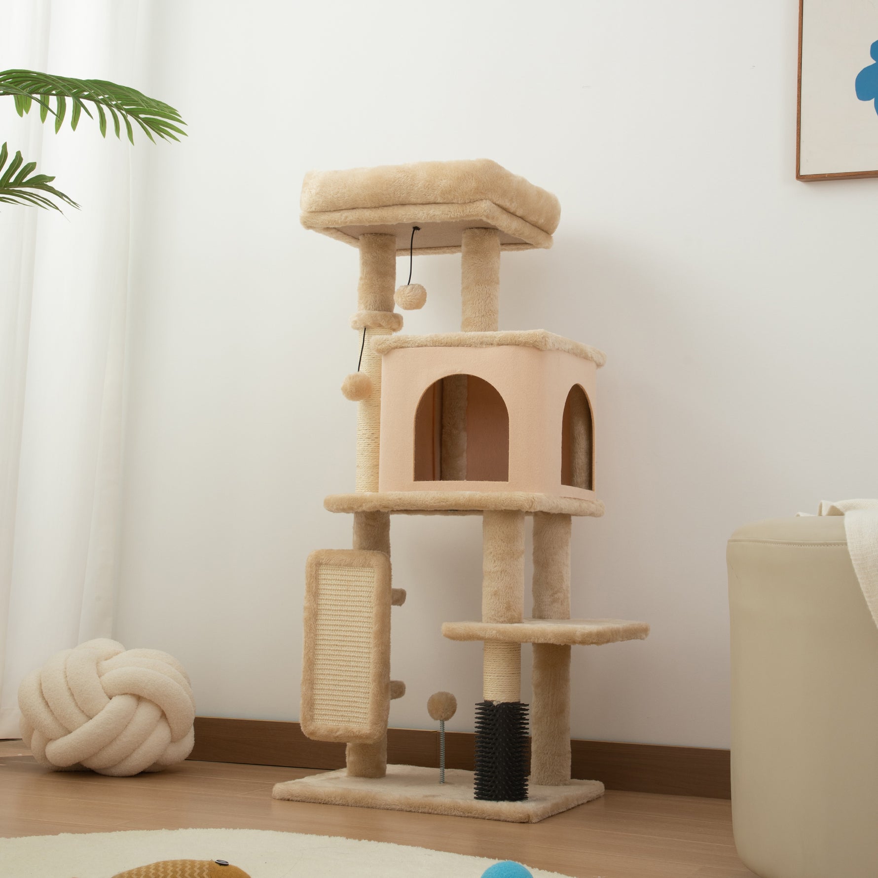 Arbre à Chat, Tour de Jeux, Hauteur de 104 cm, avec Lit, Maison, Brosse de Toilettage, 44l x 34P x 104H cm, Beige