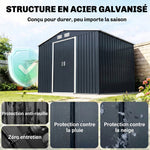Abri de jardin 5,4 m² 2,77 x 1,95 x 1,92 m kit de fondation porte coulissante ventilations acier galvanisé, gris foncé