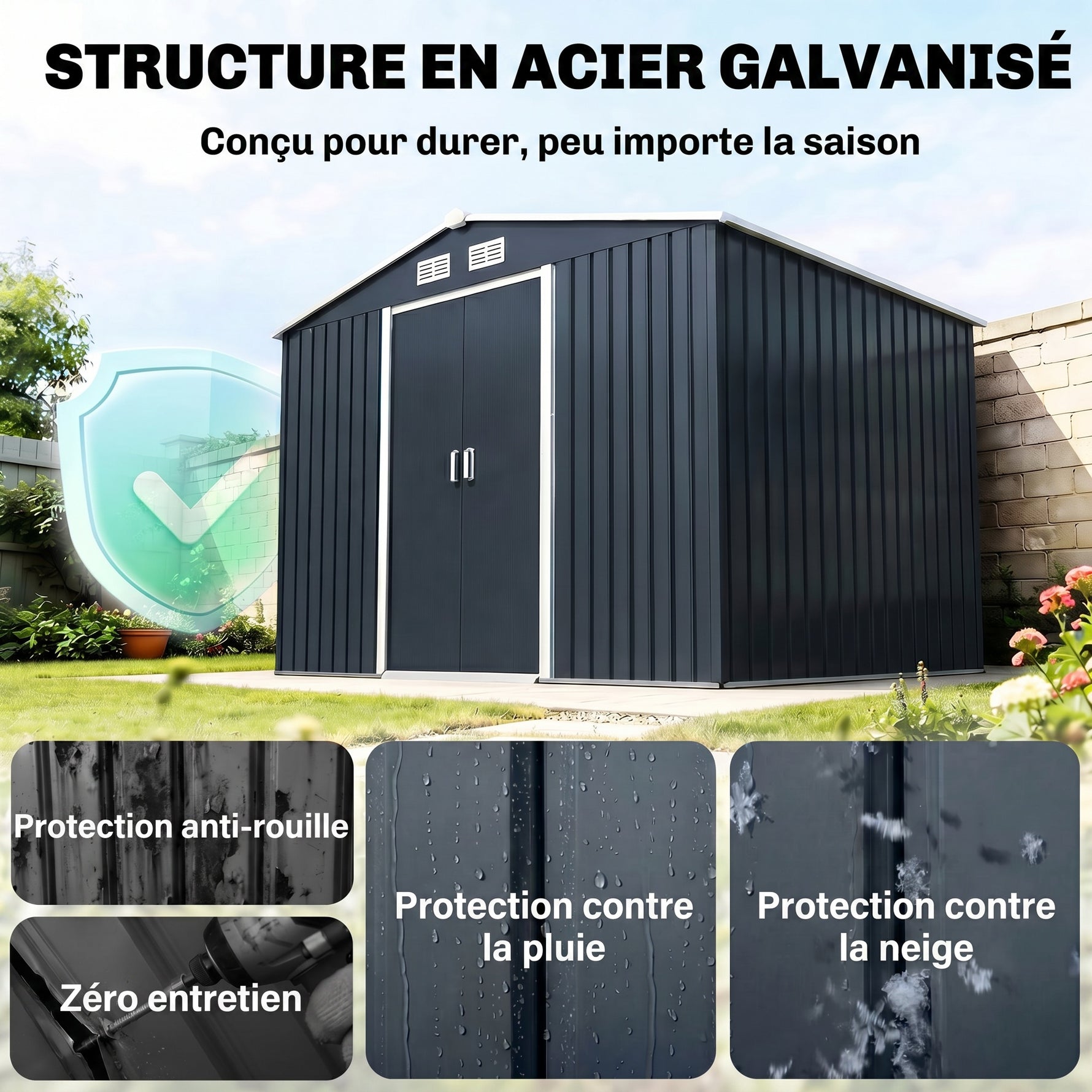 Abri de jardin 5,4 m² 2,77 x 1,95 x 1,92 m kit de fondation porte coulissante ventilations acier galvanisé, gris foncé