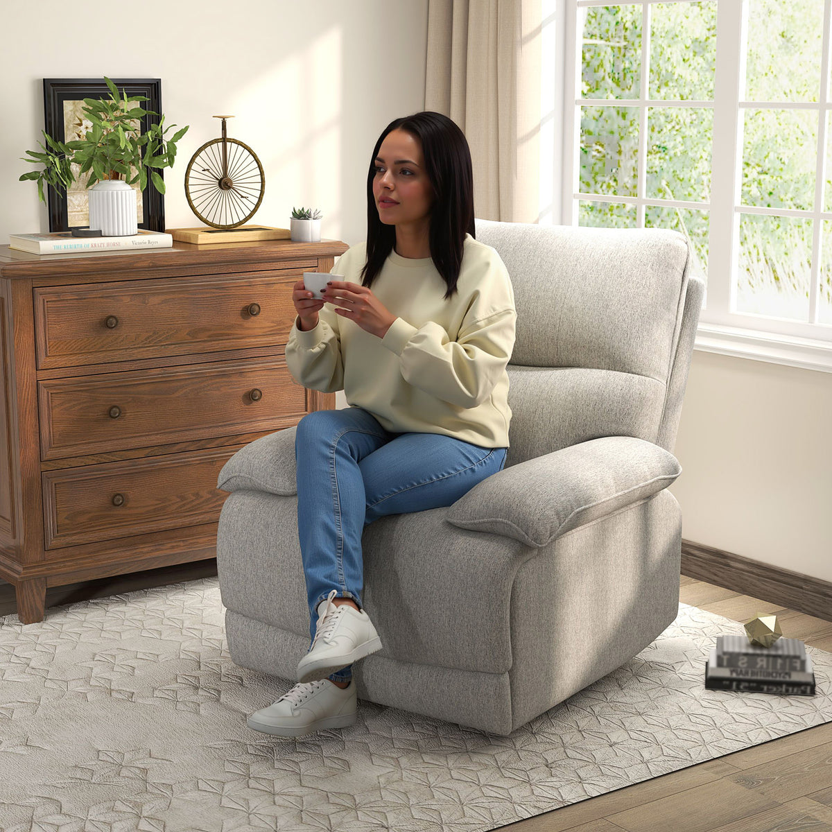 Sillón de relax reclinable manualmente con reposapiés ajustable, tejido efecto lino gris claro