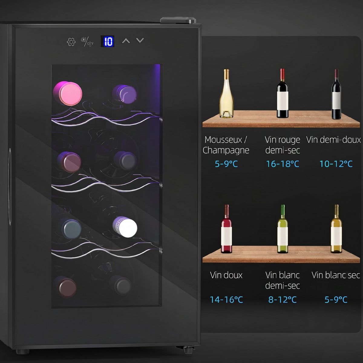 Cave à vin 8 bouteilles 21L, réfrigérateur à vin et boissons avec température réglable 8-18°C, porte en verre, noir