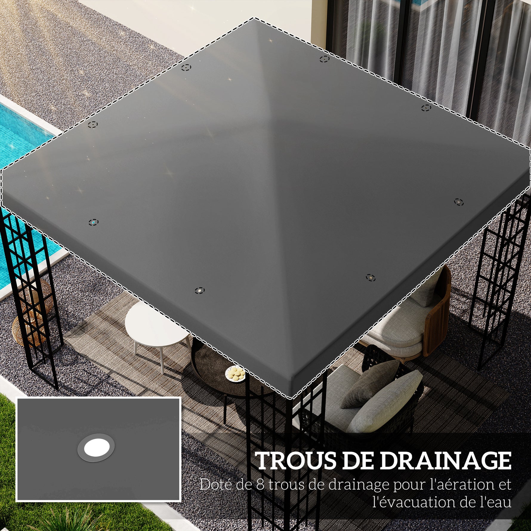 Toile de rechange pour pavillon toile de tonnelle trous de drainage protection solaire UPF30+ 3 x 3 m gris foncé