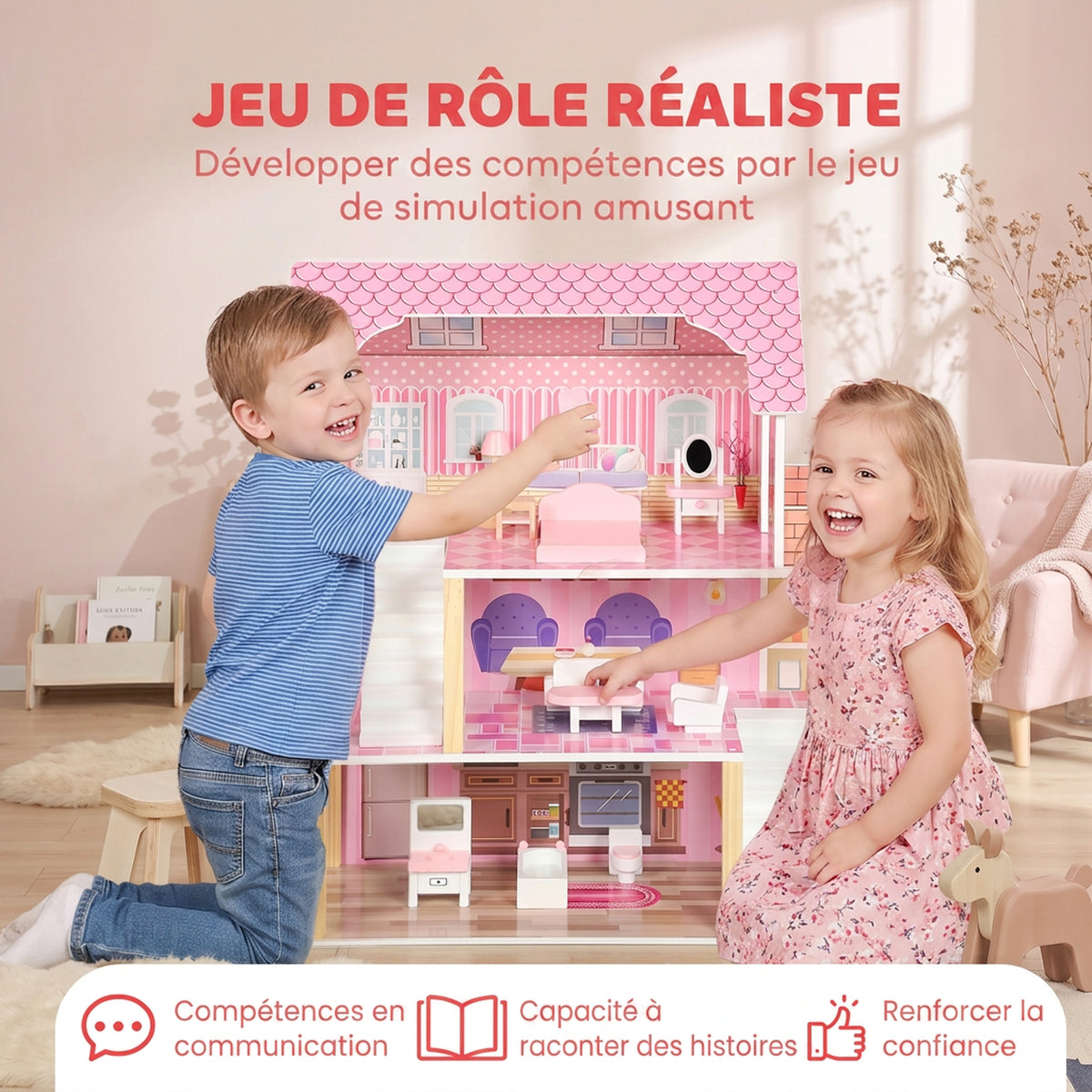 Casa delle Bambole in Legno per Bambini, Casa dei Sogni per Bambine a 3 Piani con Balcone, Scale e 10 Accessori, Rosa