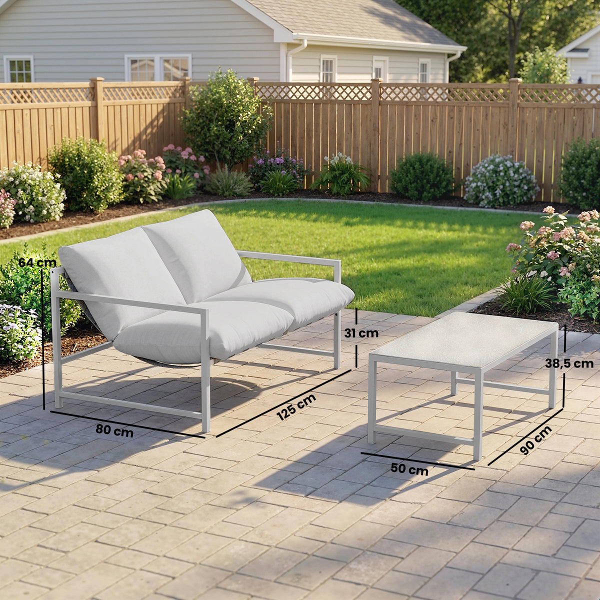 Conjunto de Jardín de Exterior de 2 Piezas, Sofá con Cojines, Mesa de Centro de Vidrio Templado con Efecto Mármol 3D, 125x80x64cm, Gris Claro