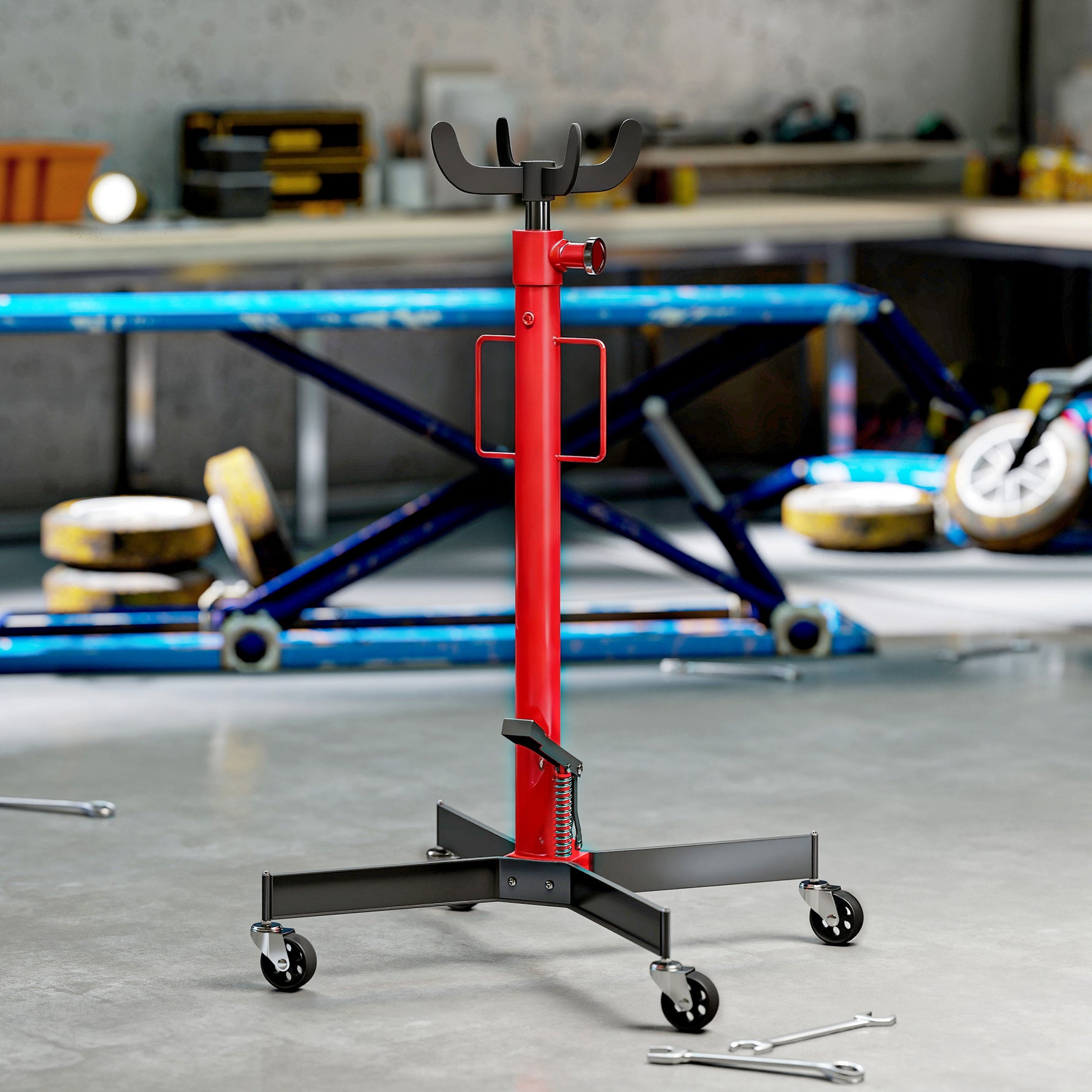Vérin de fosse hydraulique, cric de levage 500 kg, avec roues pivotantes et pédale, acier, 58 x 58 x 110-191,5 cm rouge