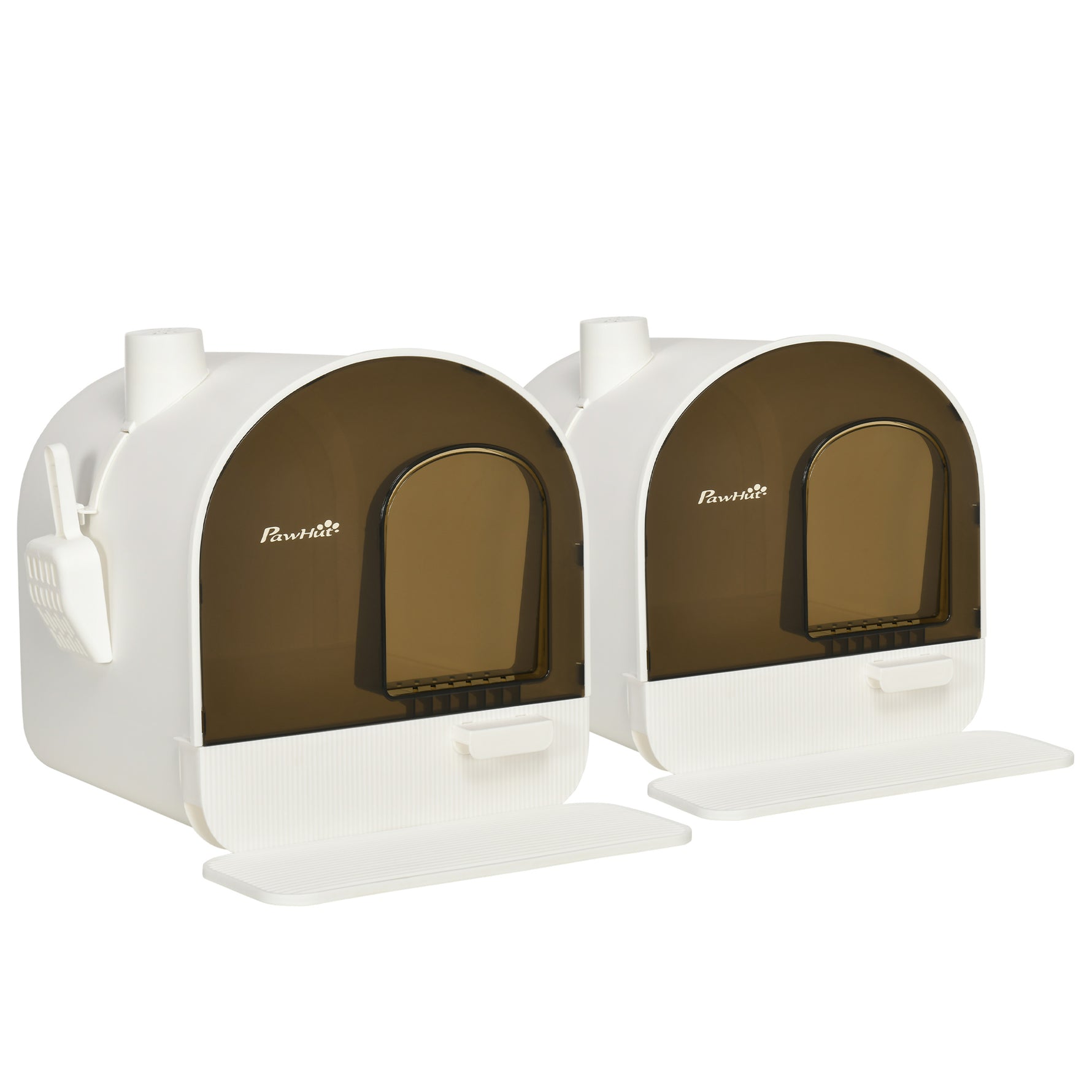 Lot de 2 bacs à litière pour chat maison de toilette porte battante, pelle et filtre inclus dim. 43L x 44l x 47H cm