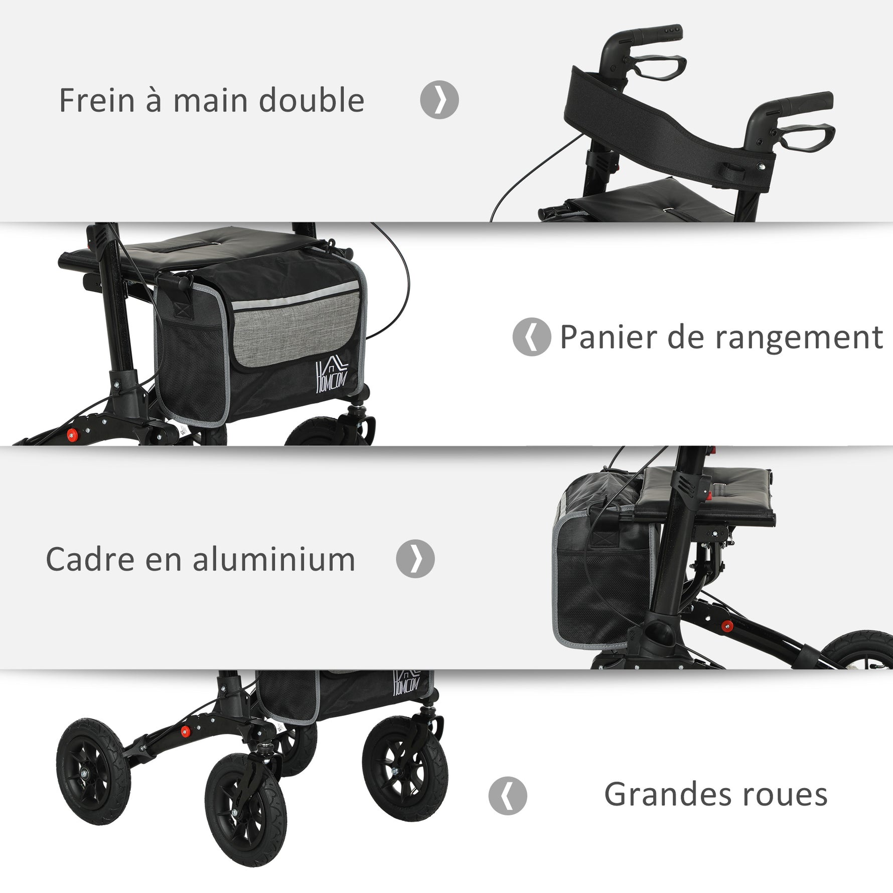 Déambulateur 4 roues pliable, rollator en aluminium léger, siège rembourré, dossier, poignée réglable, 69x64x98,5cm noir