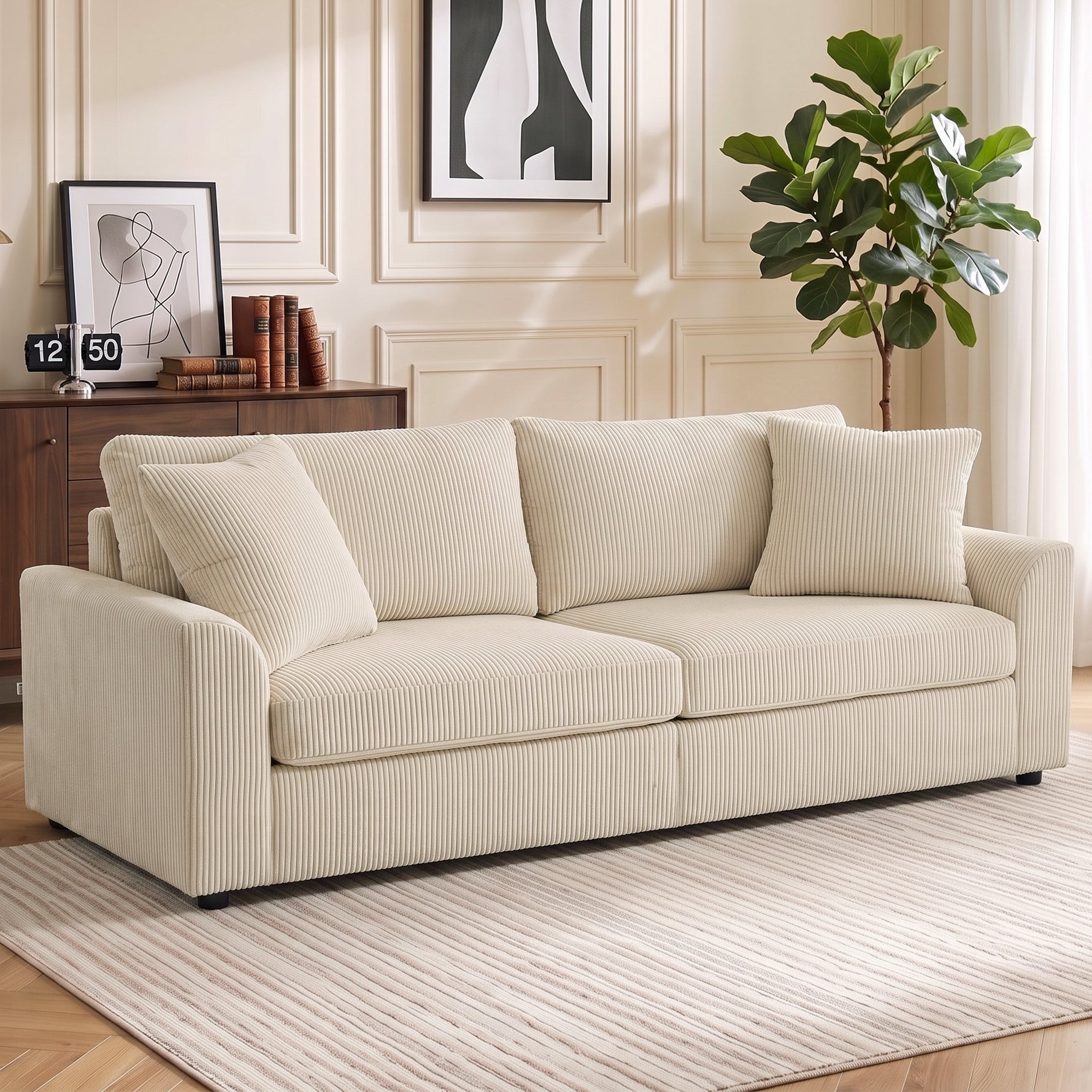 Canapé 3 places 212 cm avec 2 coussins à ressorts, tissu velours côtelé, pour salon, chambre, bureau à domicile, crème