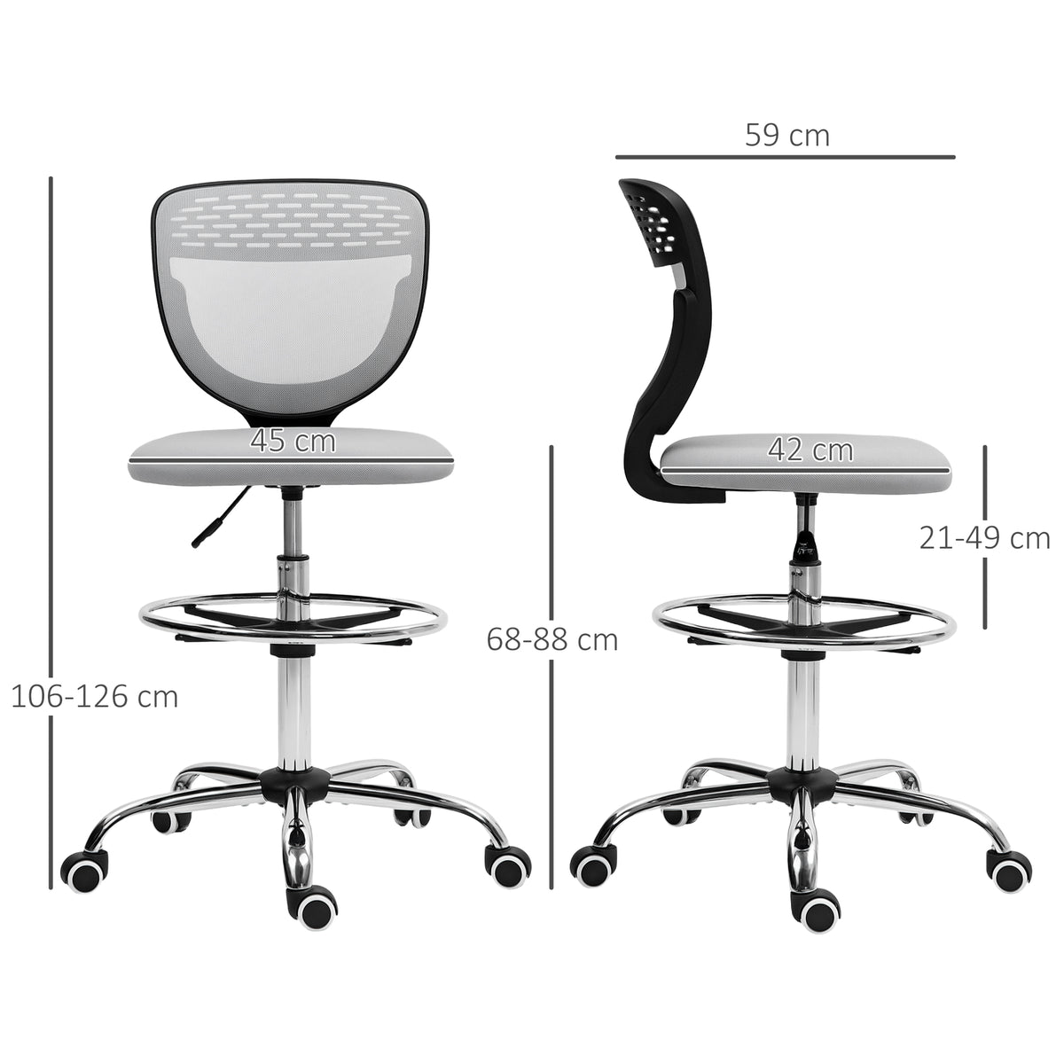 Chaise de bureau ergonomique en maille, chaise de dessin, hauteur et repose-pieds réglable, 59 x 59 x 106-126 cm, gris