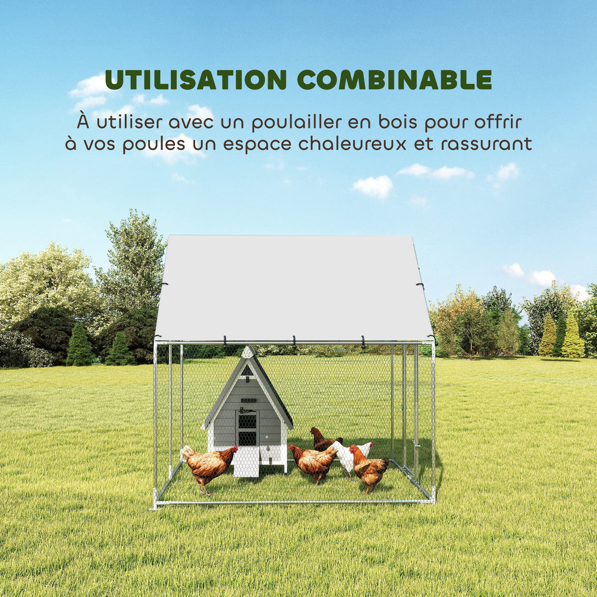 Enclos poulailler extérieur 4 m², parc grillagé - acier galvanisé Ø19mm - bâche Oxford 420D anti-UV 200x200x200cm argent