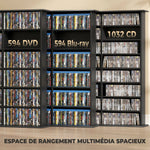 Meuble de rangement 1032 CDs / 594 DVDs, étagère multimédia, 24 compartiments et 18 étagères ajustables, noir