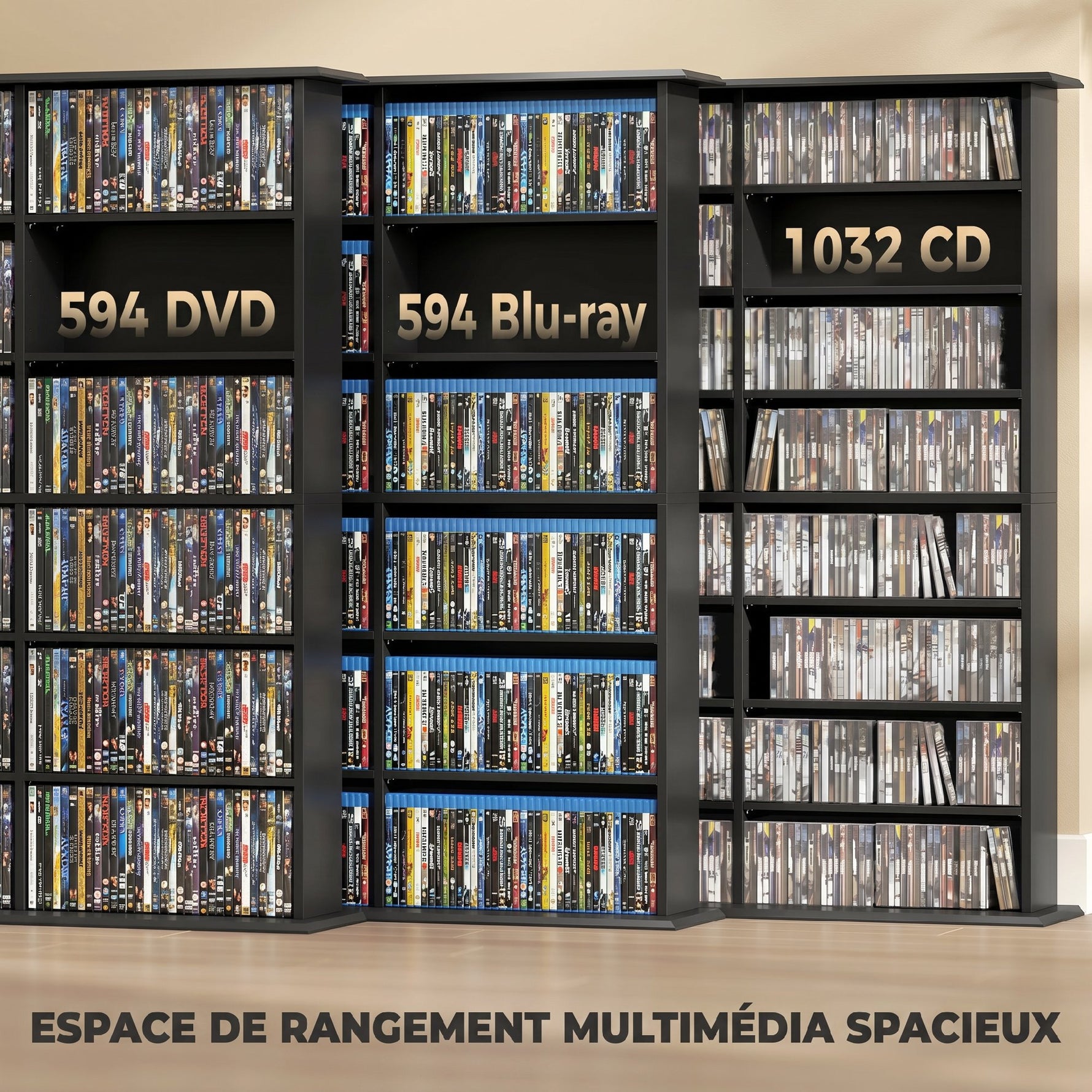 Meuble de rangement 1032 CDs / 594 DVDs, étagère multimédia, 24 compartiments et 18 étagères ajustables, noir