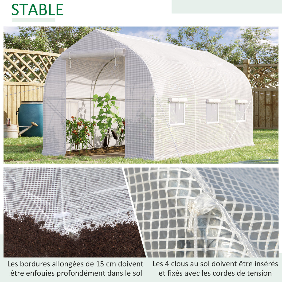 Serre tunnel de jardin 8m², serre de jardin tunnel avec 1 portes et 6 fenêtres, bâche PE 140g/m² 400x200x200cm blanc