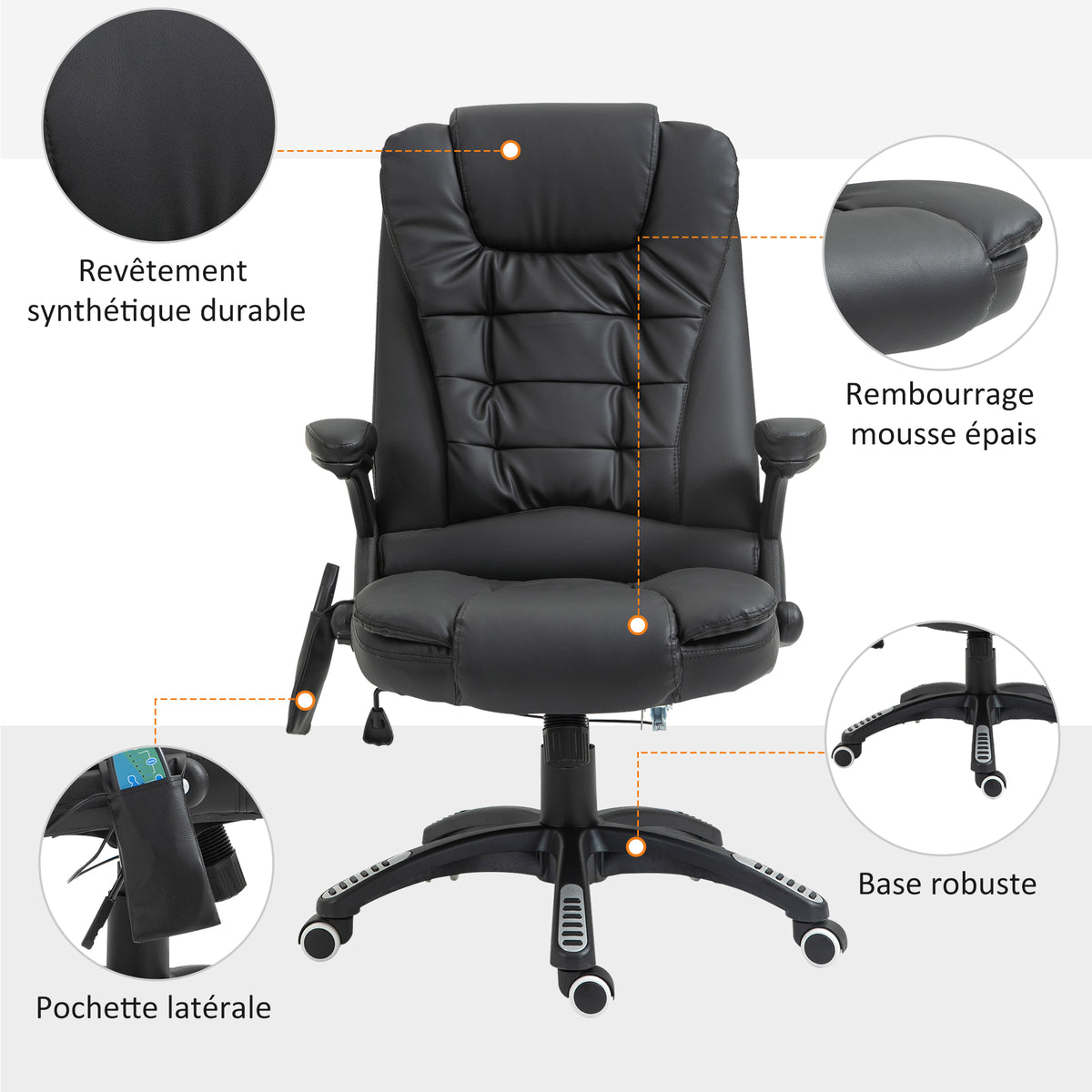 Fauteuil de bureau massant et chauffant électrique fauteuil bureau ergonomique revêtement synthétique noir