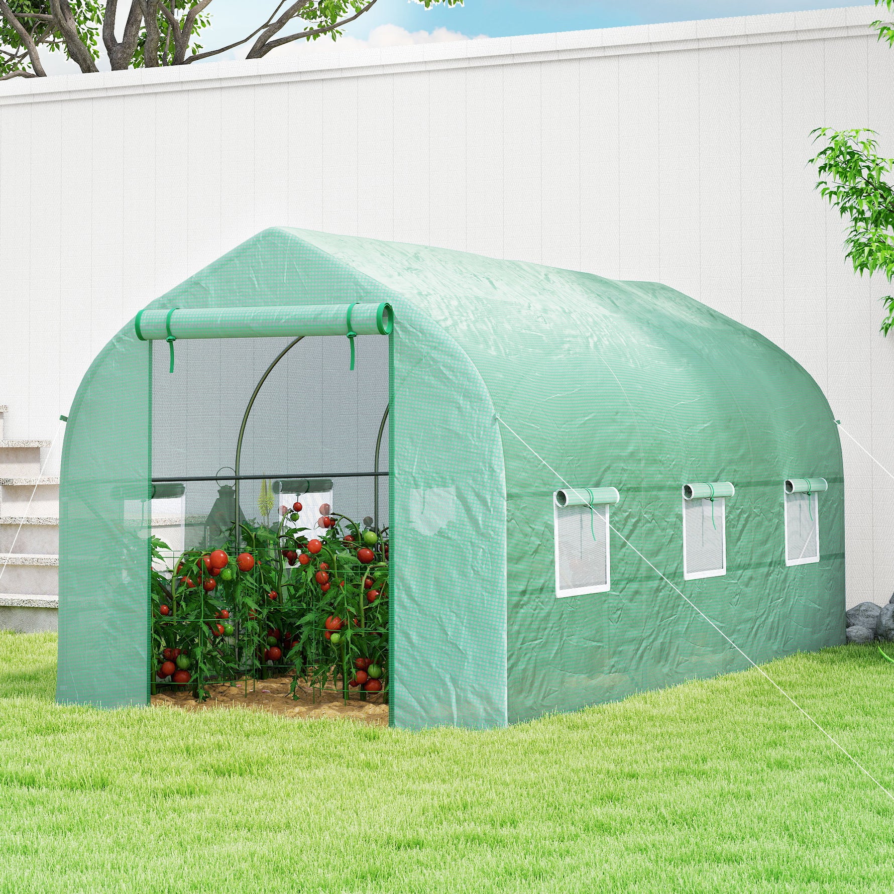 Serre tunnel de jardin 8m², serre de jardin tunnel avec 1 porte et 6 fenêtres, bâche PE 140g/m² 400x200x200cm vert