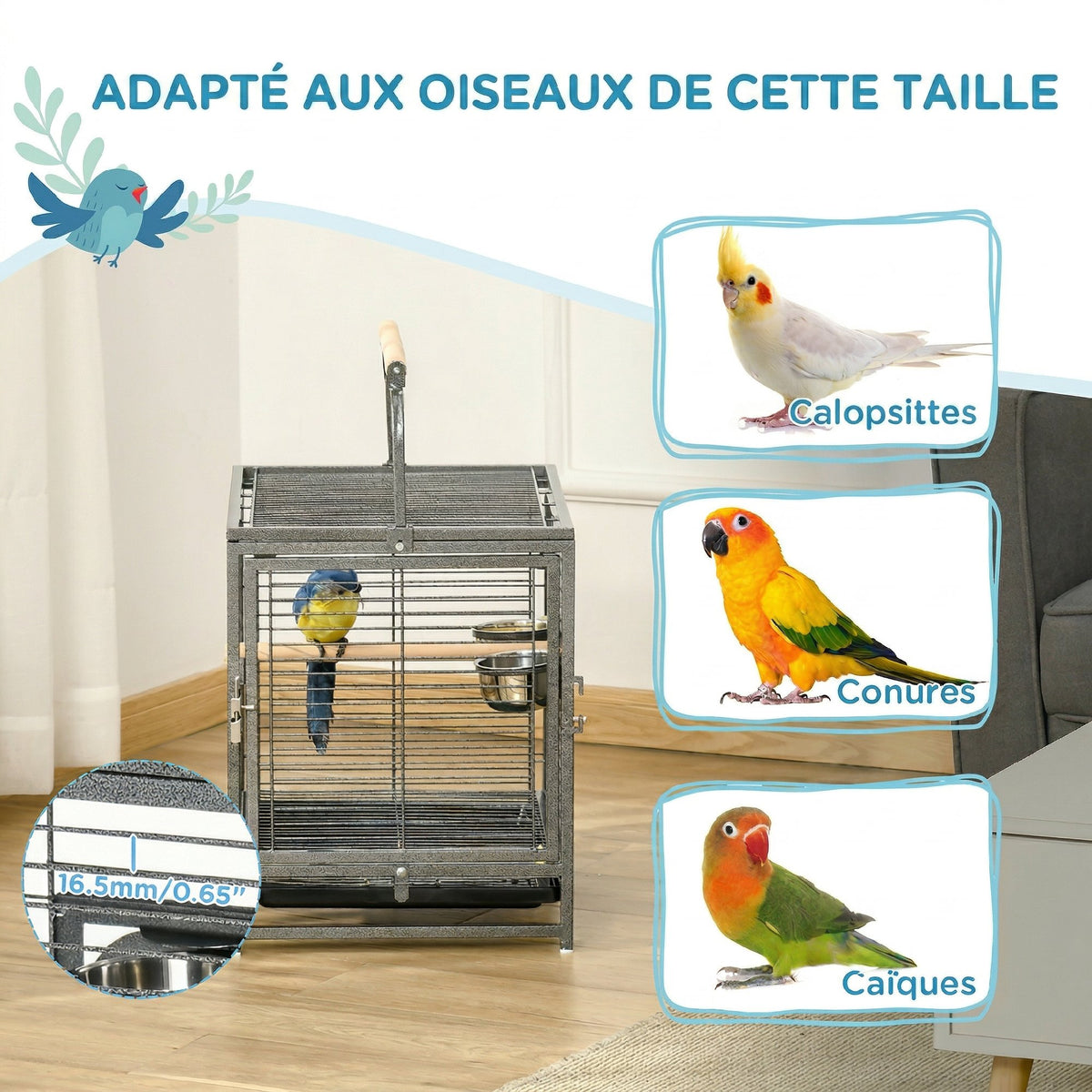 Cage de transport en acier pour perroquets, cage à oiseaux avec 2 bols en acier inoxydable, 2 perchoirs, plateau, noir