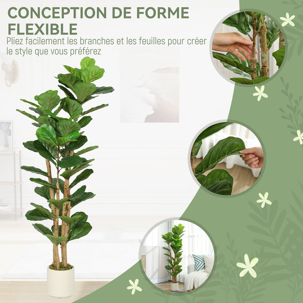 Plante artificielle intérieure 150 cm Figuier lyre arbre artificiel avec pot en plastique et tronc en bois massif, vert