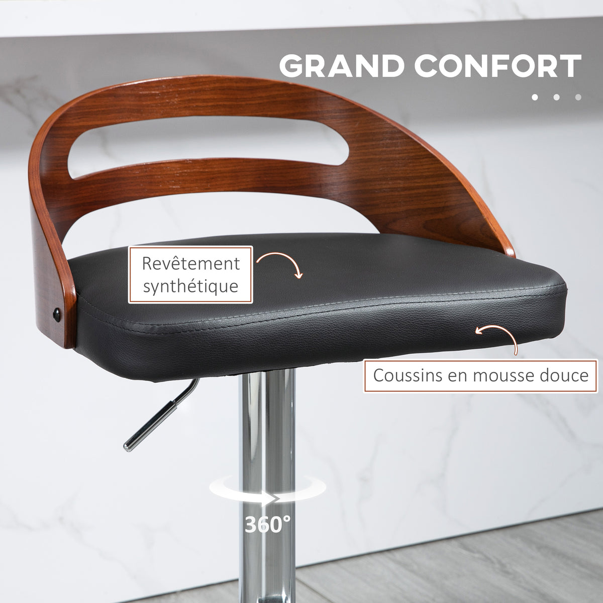 Lot de 2 tabourets de Bar Hauteur d'assise réglable pivotant 360° revêtement synthétique Noir Dossier ajouré