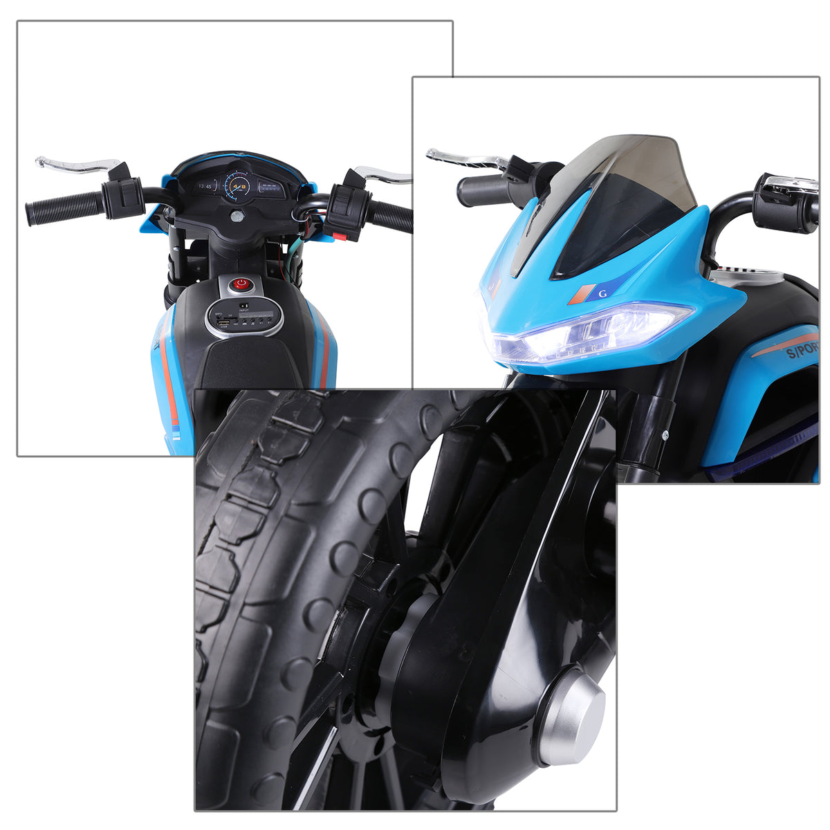Moto elettrica per bambini 3-6 anni 25 W 6 V 3 km/h con luci e suoni, rotelle rimovibili, carico max 30 kg, blu