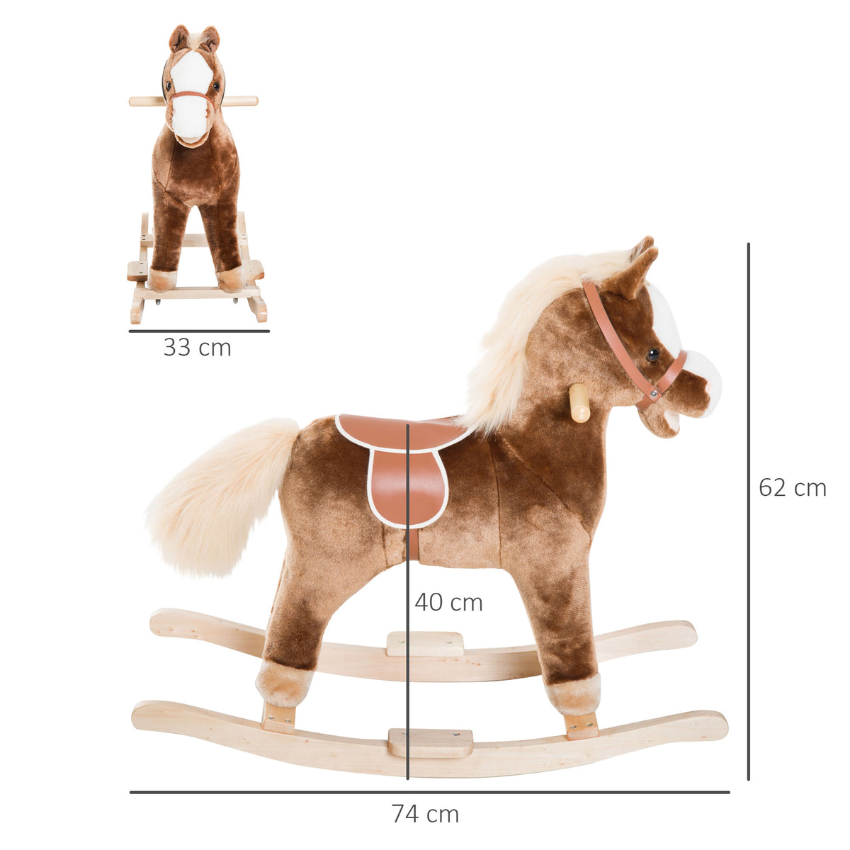 Schaukelpferd Cowboypferd Sattel Großer Komfort für Kinder ab 36 Monaten Kurzflor Plüsch Weich Holz Pappel Belastung 40 kg Braun Weiß