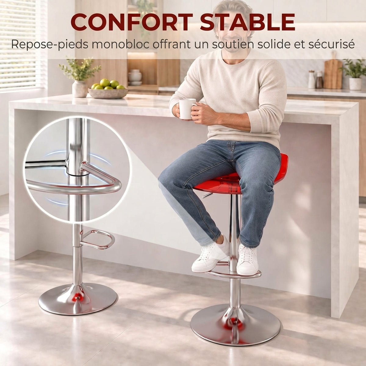 Set di 2 sgabelli da bar dal design contemporaneo, girevoli a 360°, con altezza regolabile e poggiapiedi, 39x39x67-87 cm, rossi