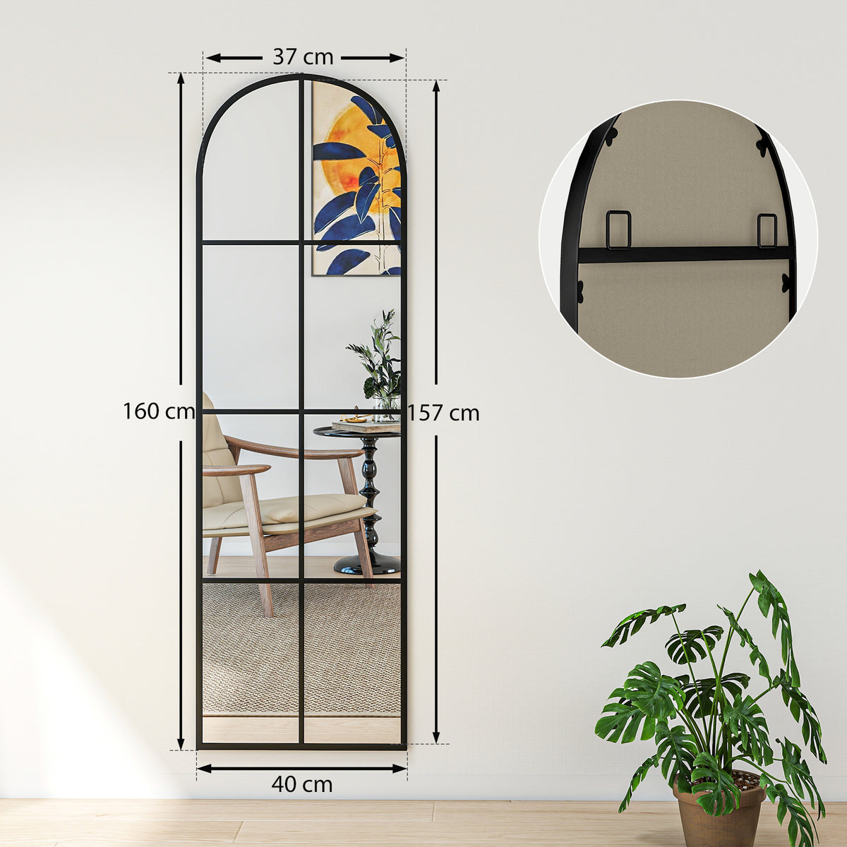Grand miroir mural ou sur pied 40 x 160 cm de fenêtre arquée avec cadre en métal, film antidéflagrant, noir