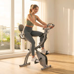 Vélo d'Appartement Pliable 4-en-1 - Ergomètre Magnétique Silencieux pour Maison avec Cordes de Résistance - Sport Maison et Cardio-training avec Roulettes, Selle Confort et LCD, Max 120kg, Gris