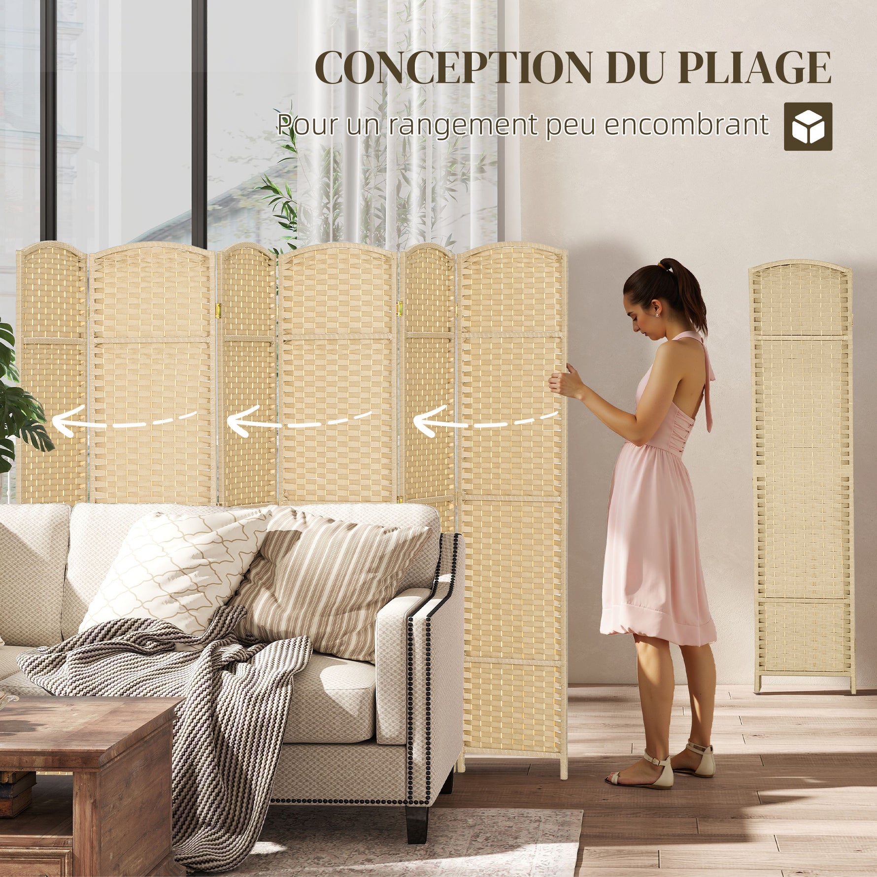 Paravent interieur en bois 6 panneaux 240 x 170 cm séparateur de pièce pliable pour salon, chambre à coucher, naturel