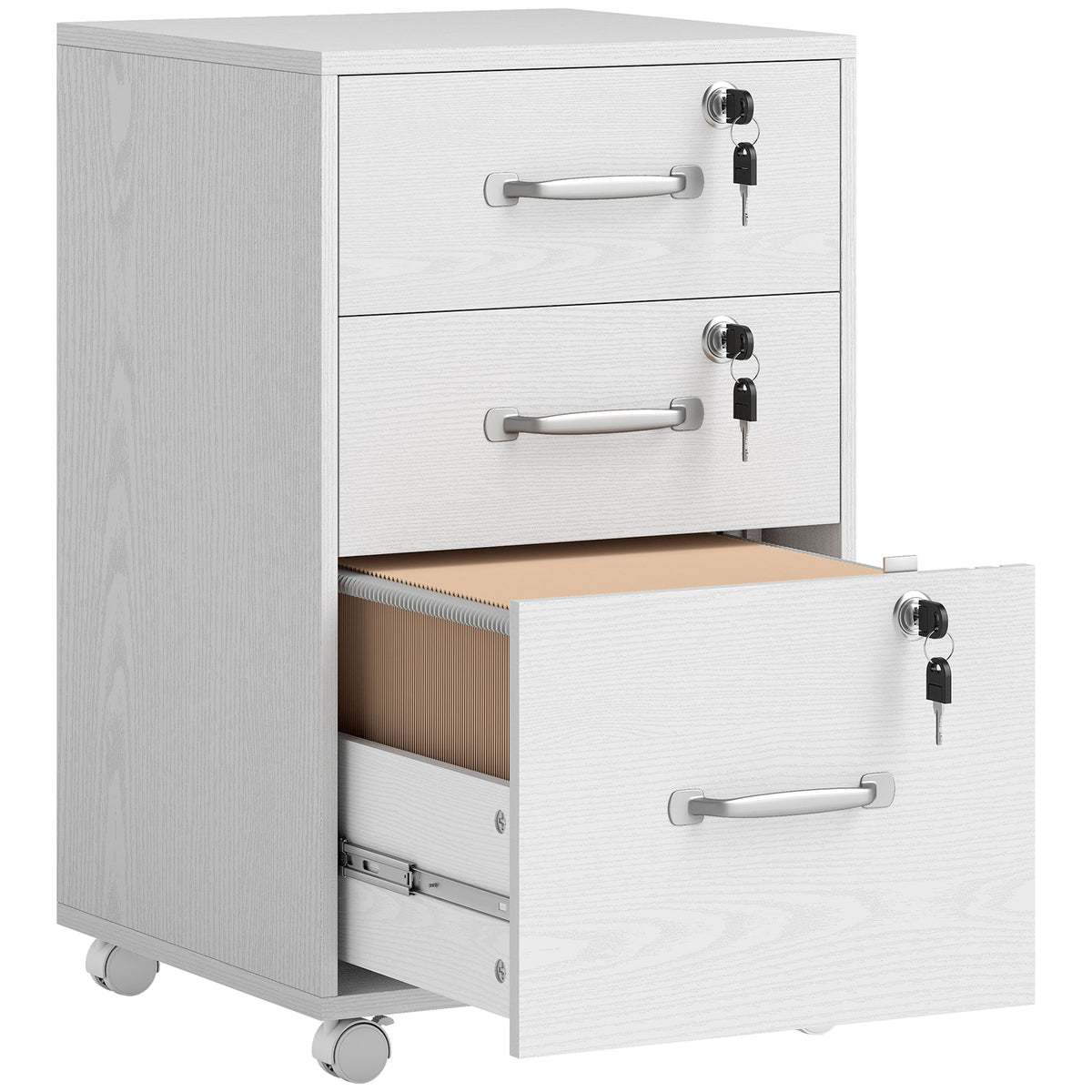 Caisson de Bureau Mobile avec 3 Tiroirs Verrouillables, Caisson de Rangement sur Roulettes, 40 x 40 x 69,5 cm, Blanc
