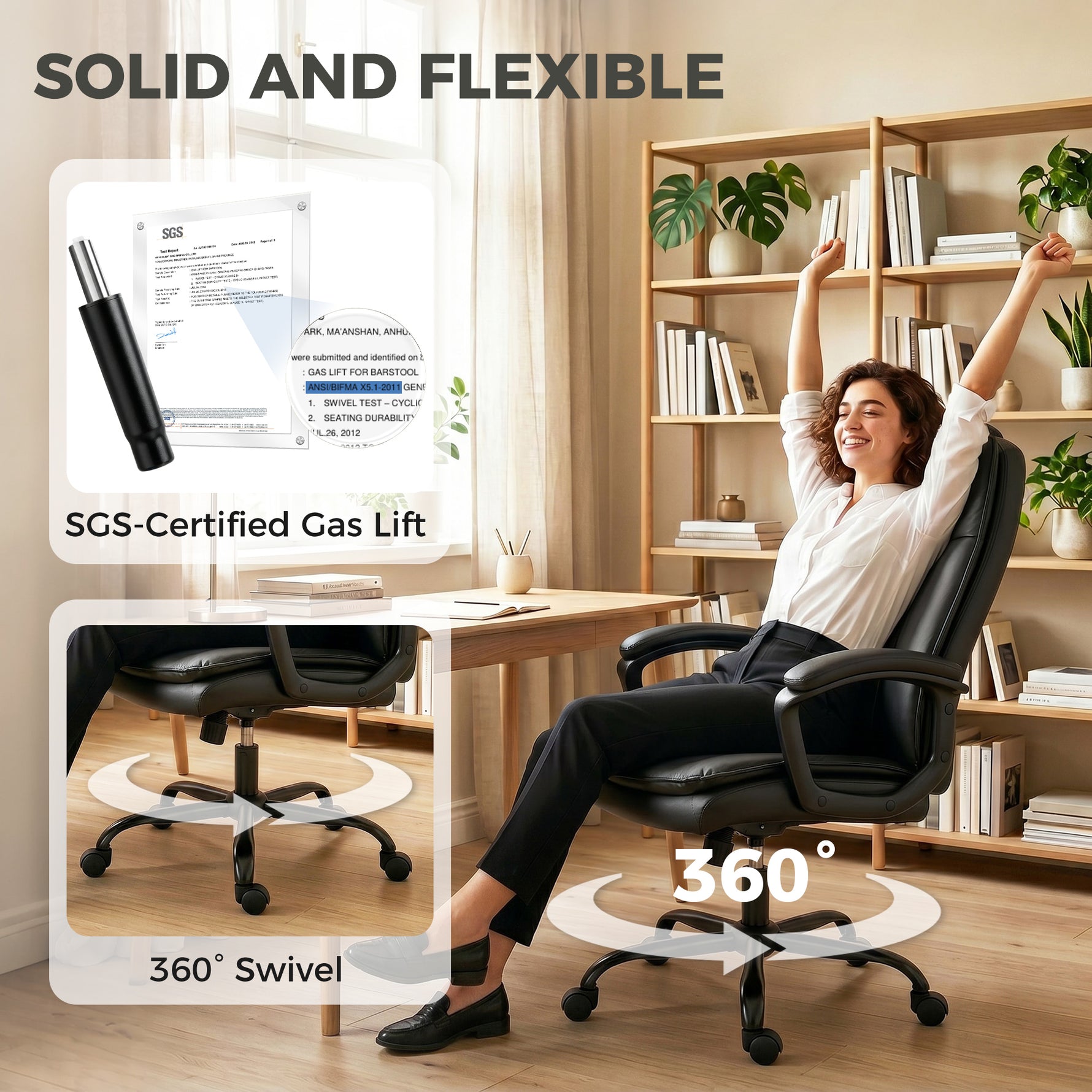 Chaise bureau ergonomique, fauteuil de bureau en PU, hauteur réglable, fonction bascule, pivotante 360°, noir