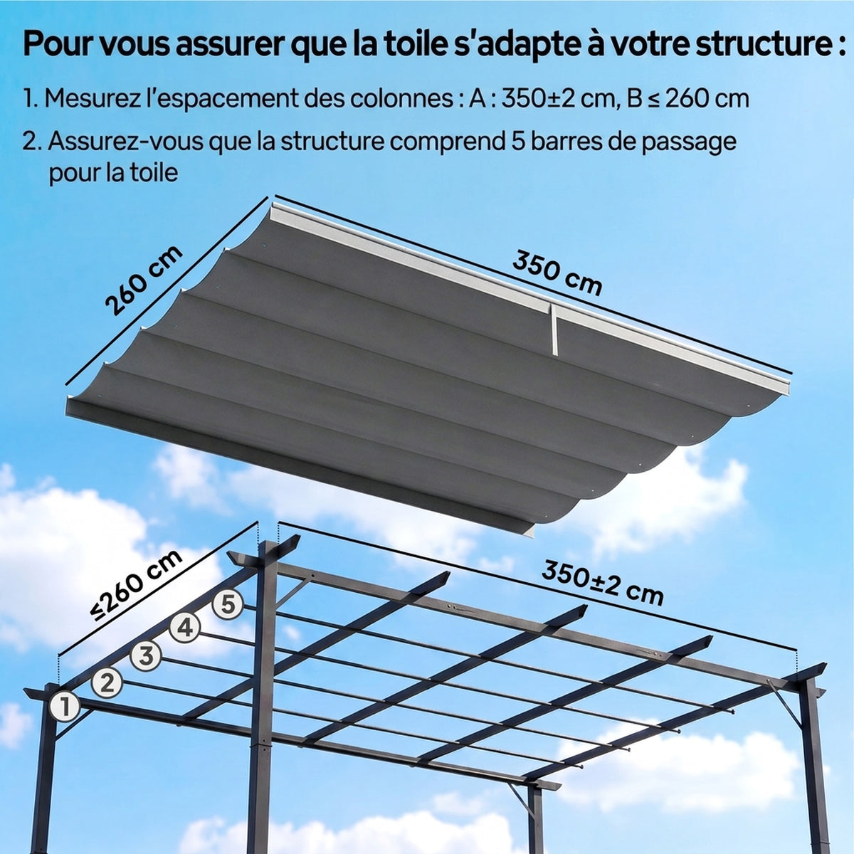 Toile de toit pour pergola tonnelle rétractable de 4 x 3 m - toile uniquement 350 x 260 cm gris clair