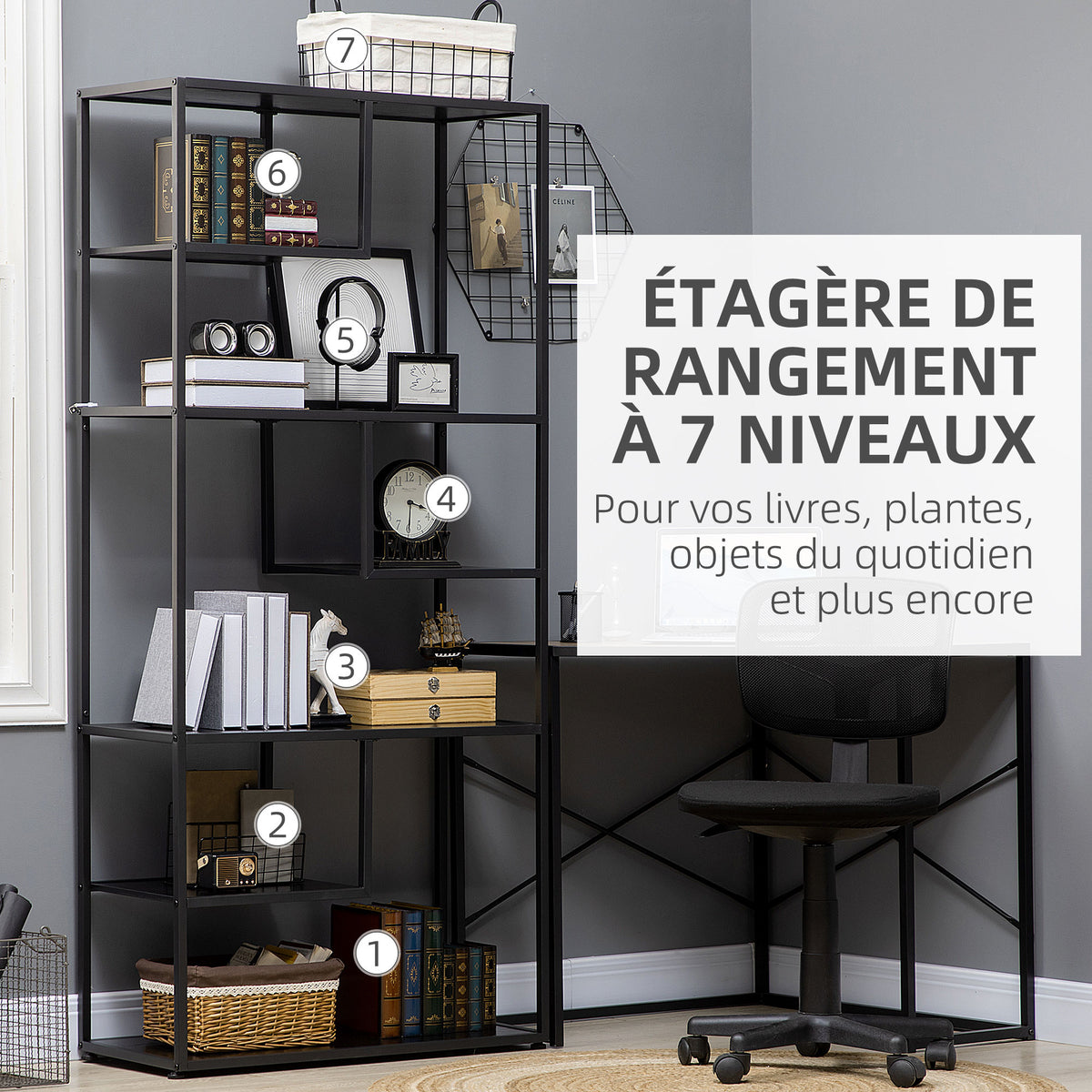 Bibliothèque étagère de rangement à 7 niveaux cadre en acier style industriel 83 x 34 x 180 cm noir