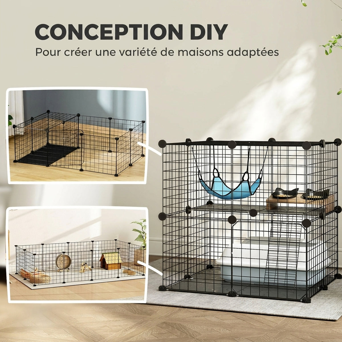 Cage Chat Intérieur Enclos Chat Modulable 2 Portes Hamac Échelle pour Petits Animaux de Compagnie 70x70x70cm Noir
