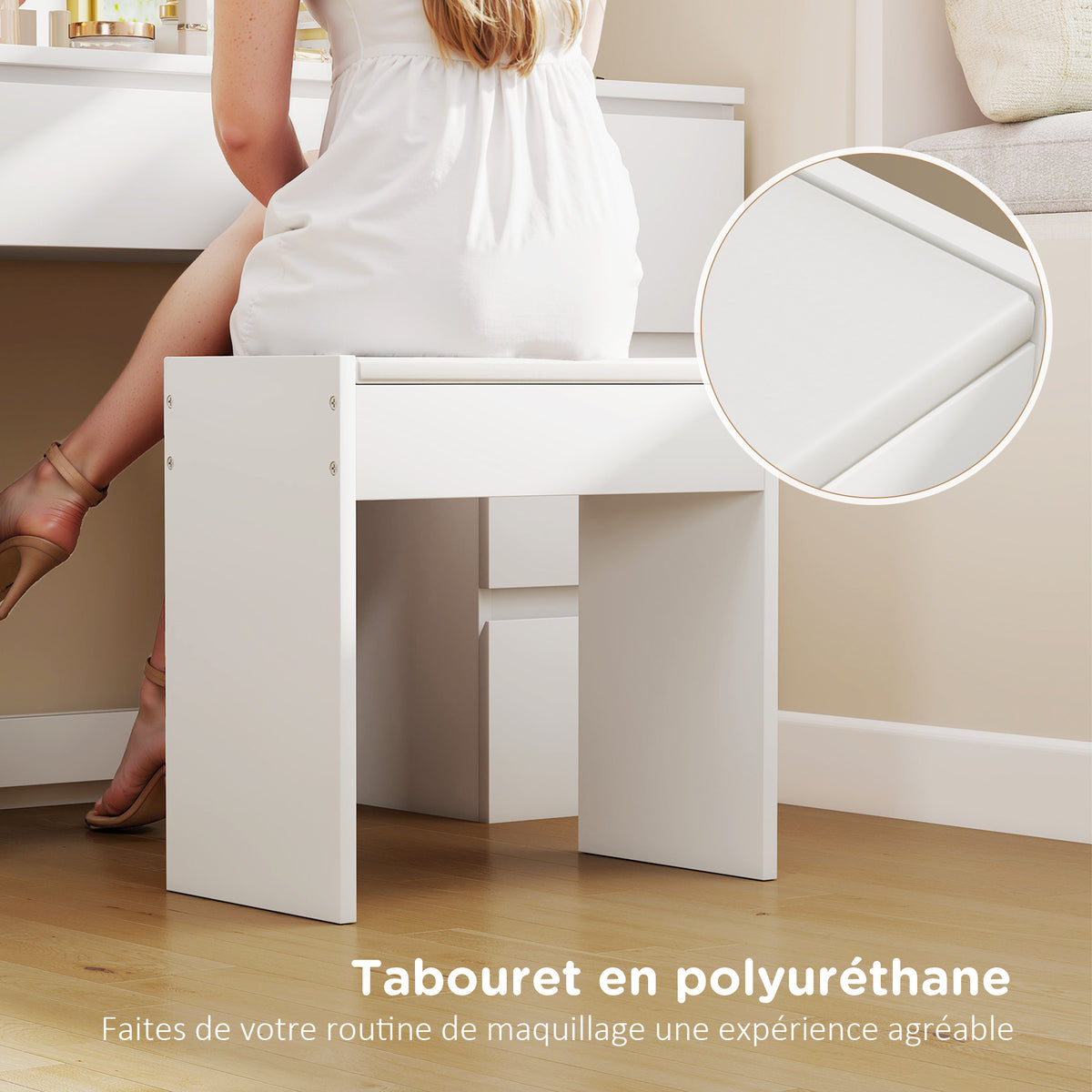 Dressing table with mirror and stool, makeup vanity with LED mirror, padded stool, 7 drawers, 110x39.5x140cm, white