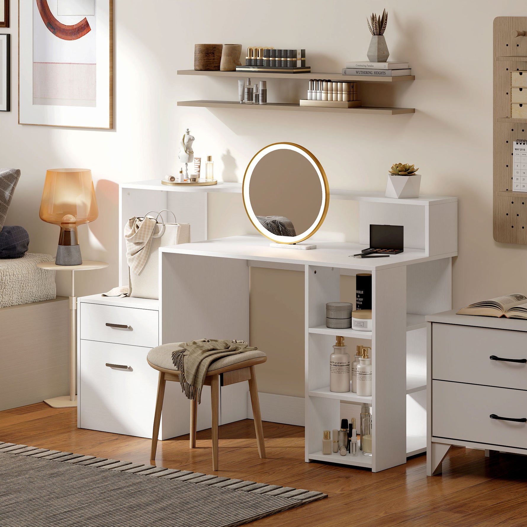 Bureau informatique, bureau avec rangement, 2 tiroirs, étagères ouvertes et tablette d'imprimante, 137x55x92cm, blanc