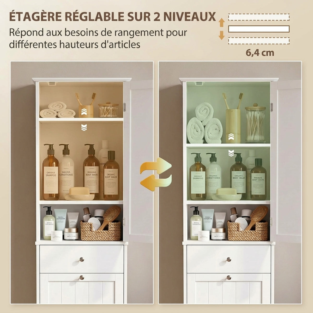 Badezimmerschrank mit Schublade, Wäschekorb, verstellbarem Regal, moderner Stil, 45 x 30 x 180 cm, Weiß
